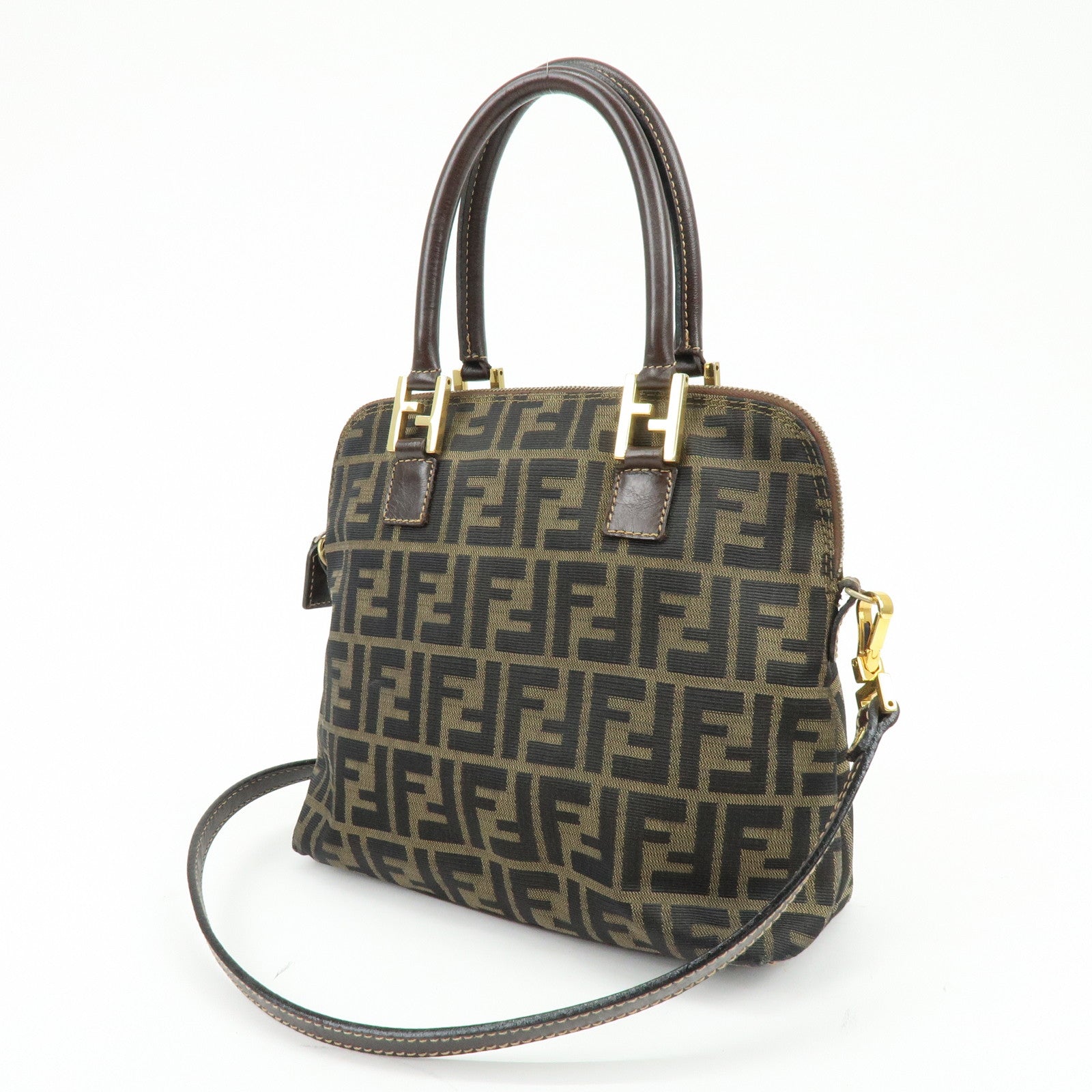 FENDI Zucca Canvas Leather 2Way Bag Hand Bag Shoulder Bag Brown Black