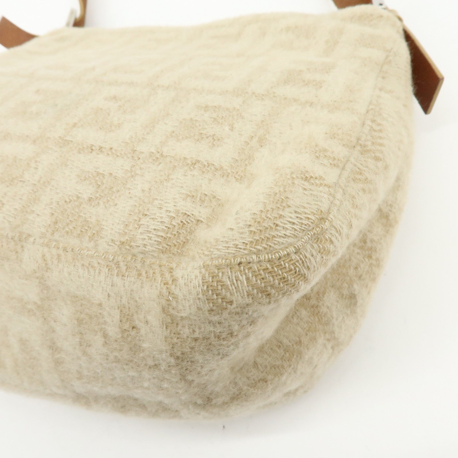 FENDI Mamma Baguette Zucca Wool Leather Shoulder Bag Beige 26325
