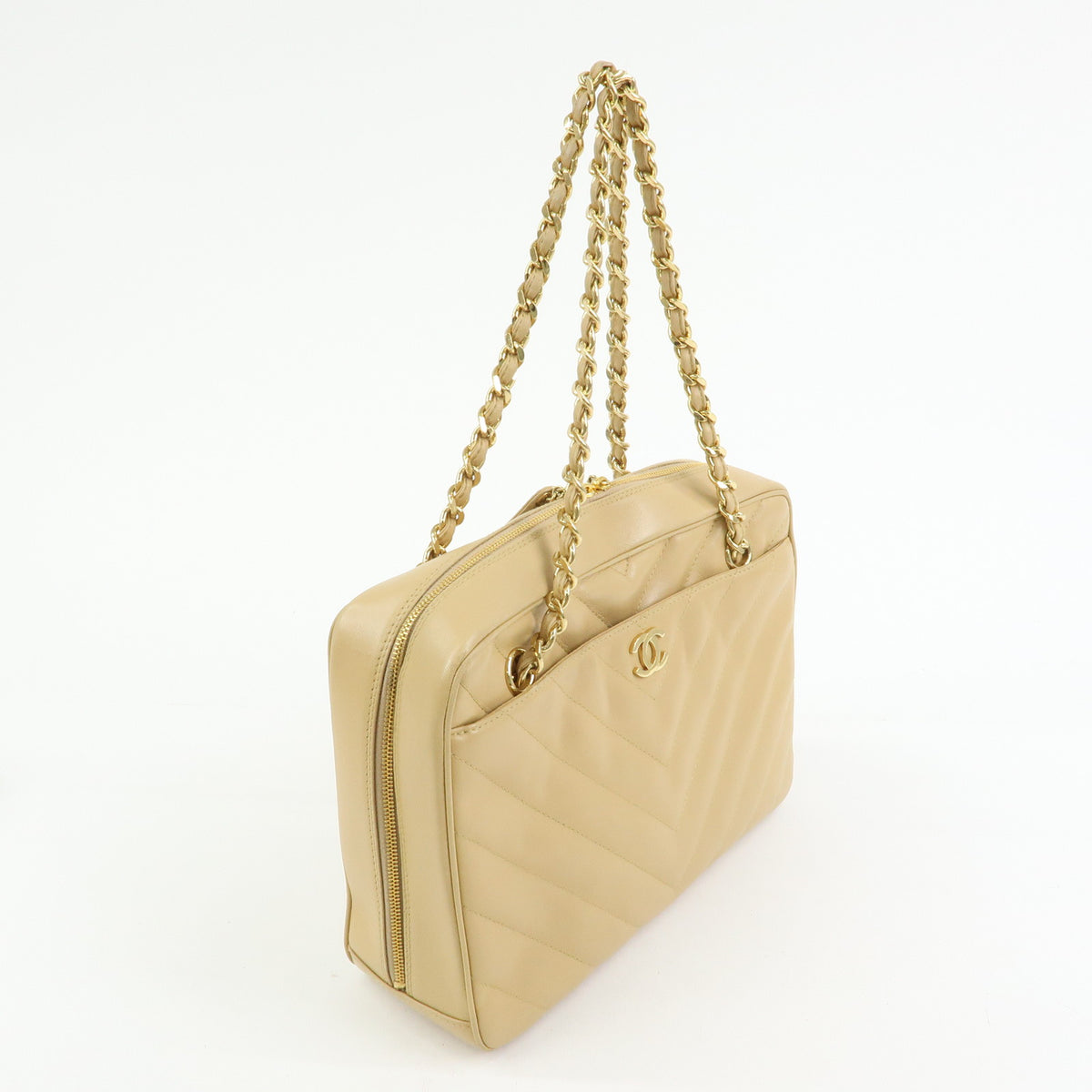 CHANEL Chevron COCO Mark Lamb Skin Chain Shoulder Bag Beige