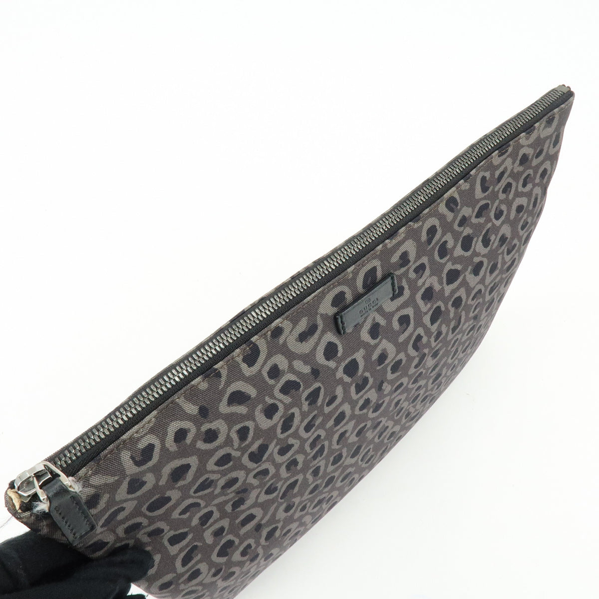 GUCCI Canvas Leather Clutch Bag Leopard Grey Black 353478