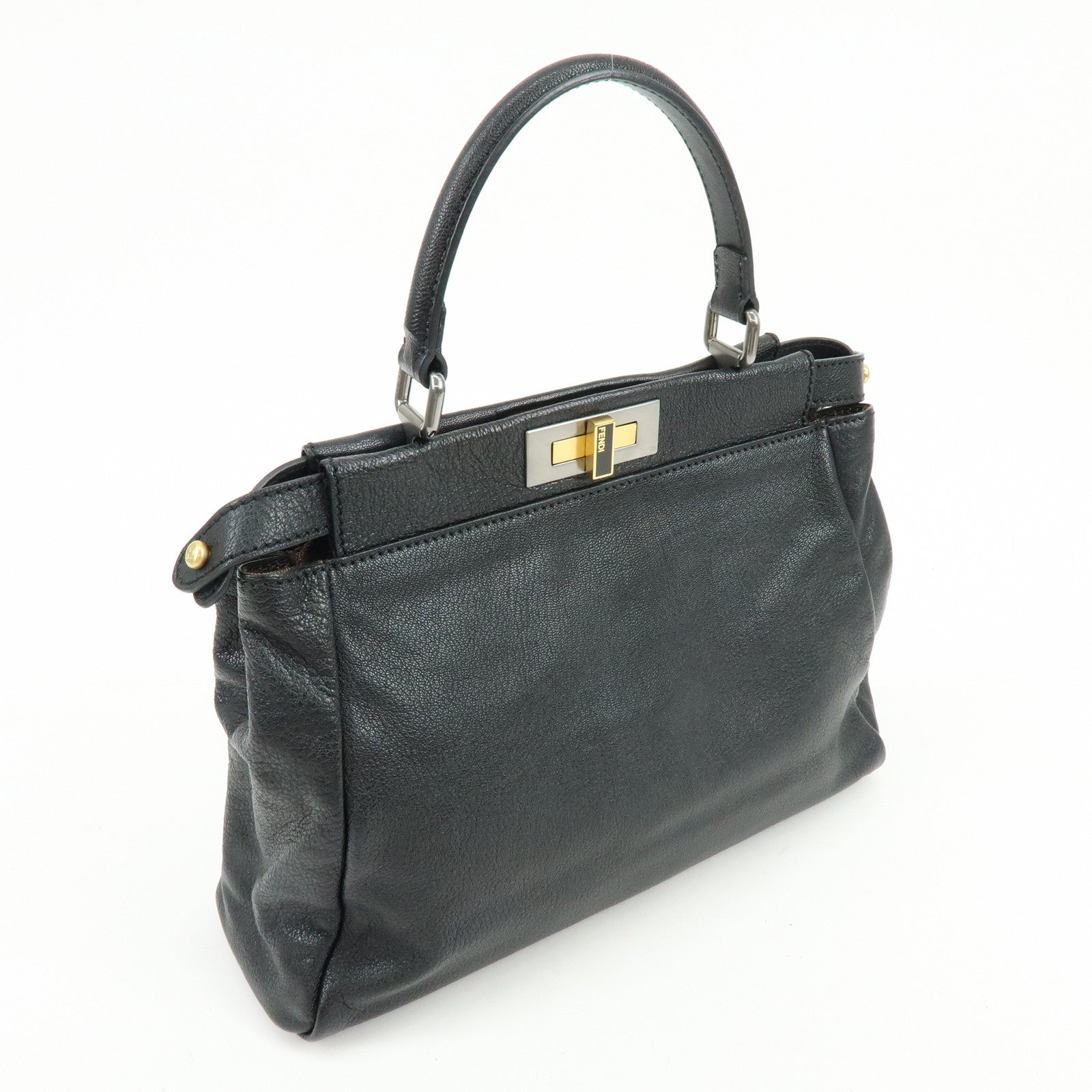 FENDI Peekaboo Leather 2Way Shoulder Bag Hand Bag Black 8BN226