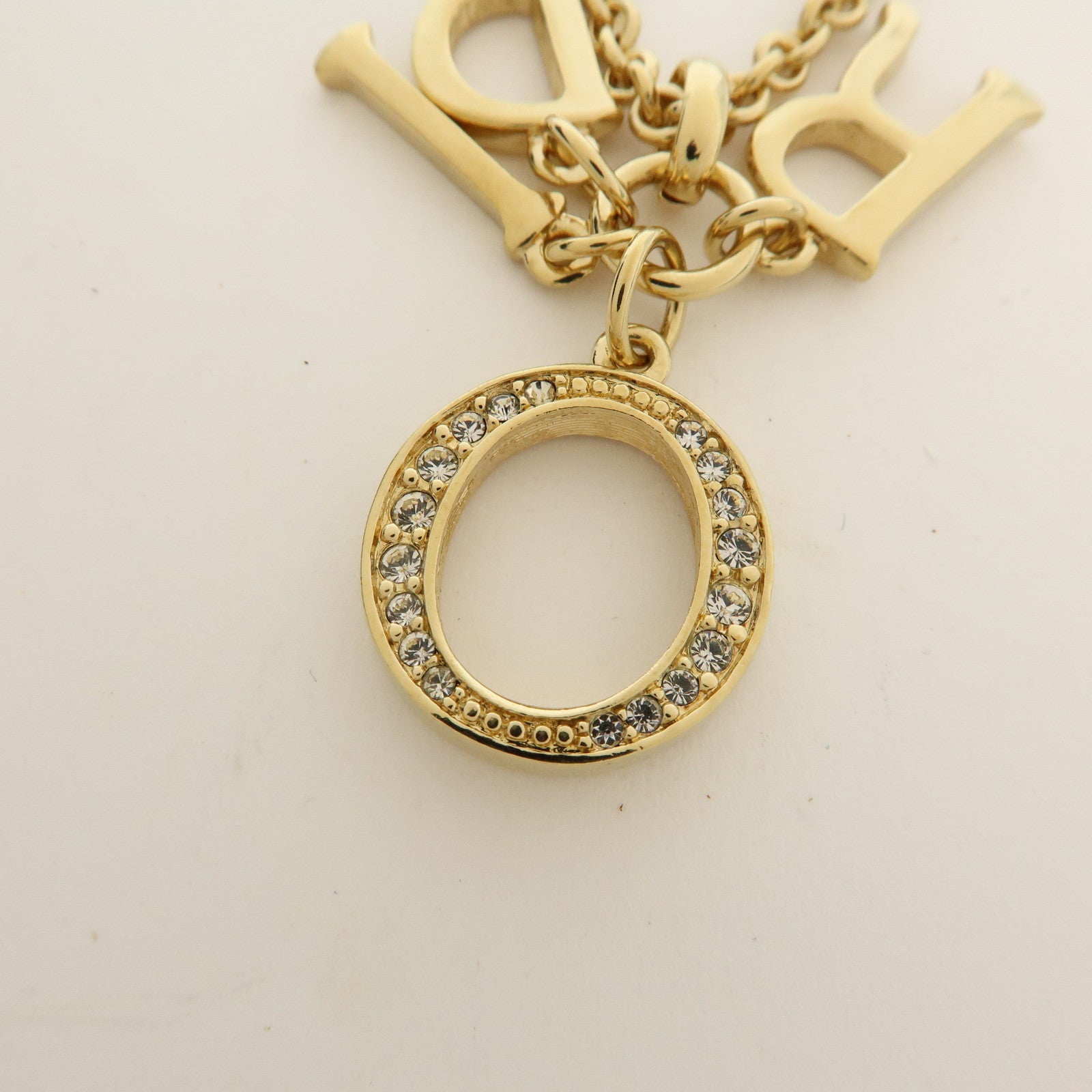 Christian Dior Logo Metal Rhinestone Pendant Necklace Gold