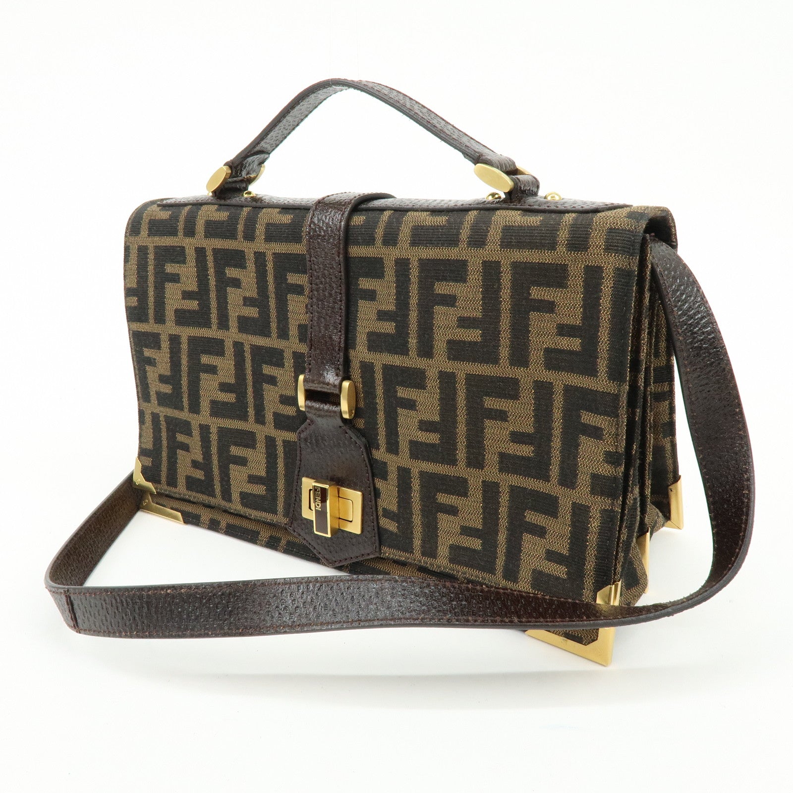FENDI Zucca Canvas Leather Shoulder Bag Crossbody Bag Brown 8BT169