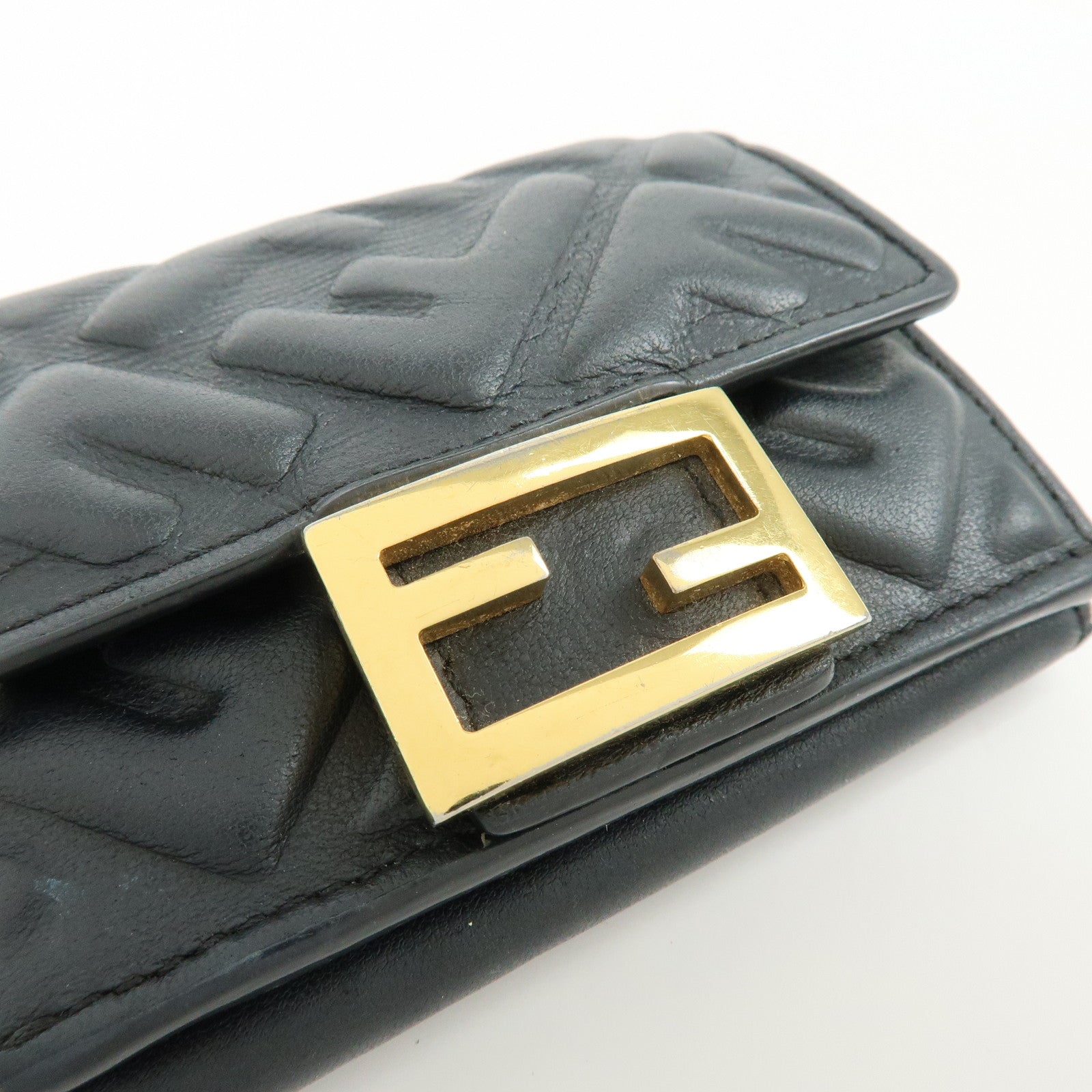 FENDI Zucca Baguette Micro Wallet Leather Tri-fold Wallet Black 8M0395