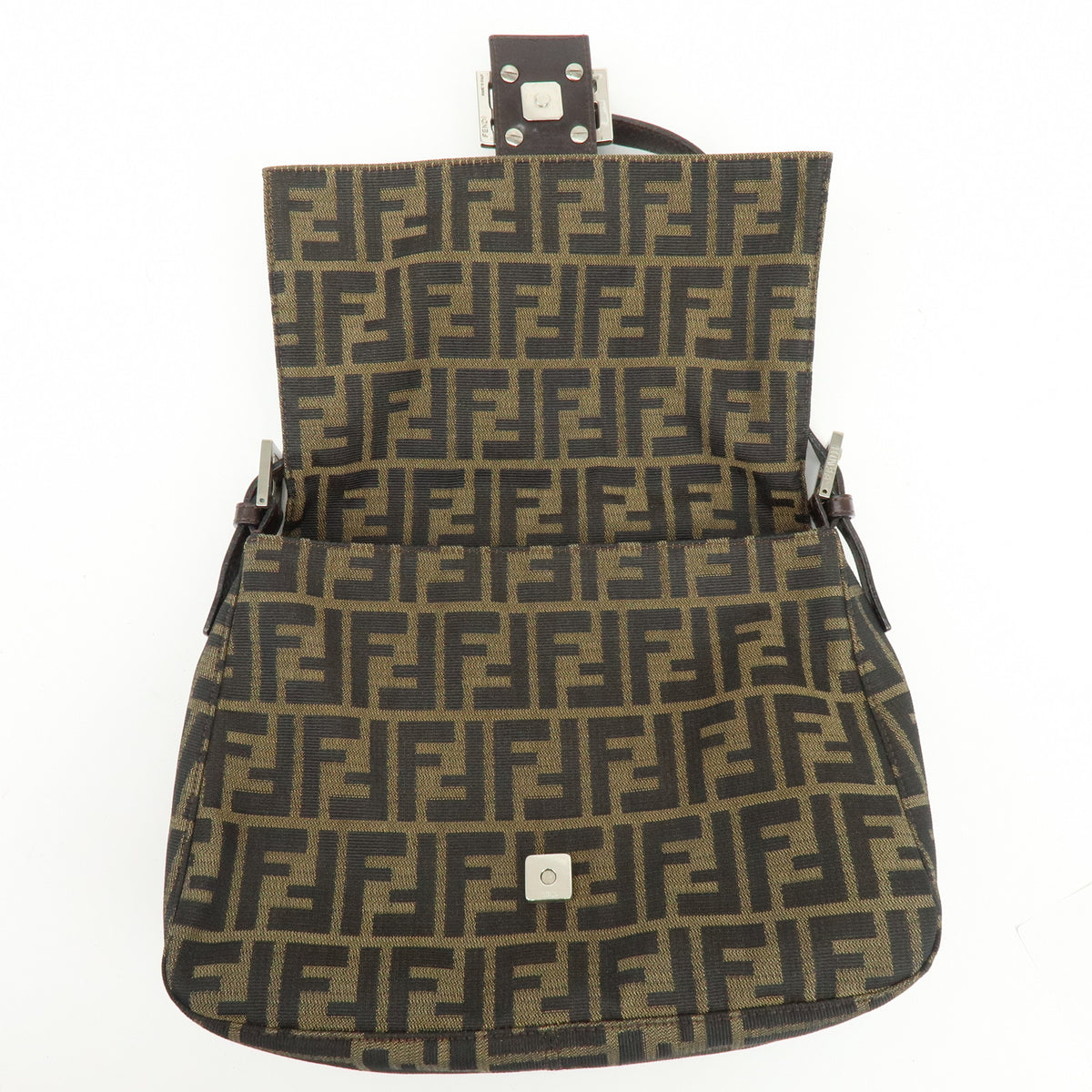 FENDI Mamma Baguette Jacquard Canvas Leather Shoulder Bag Brown 26325