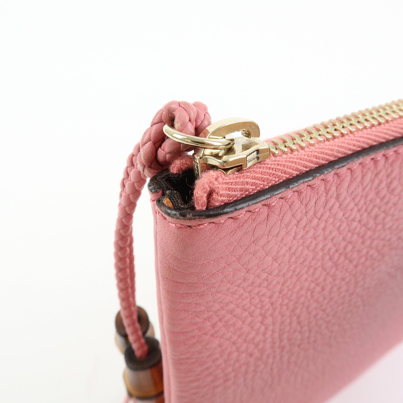 GUCCI Bamboo Leather Clutch Bag Pouch Tassel Charm Pink 376858