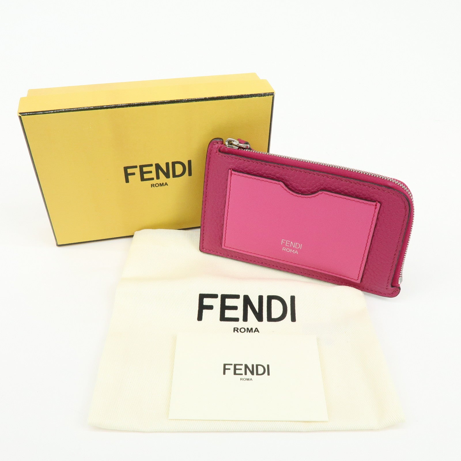 FENDI Logo Selleria Calf Leather Card Case Pink 8M0489
