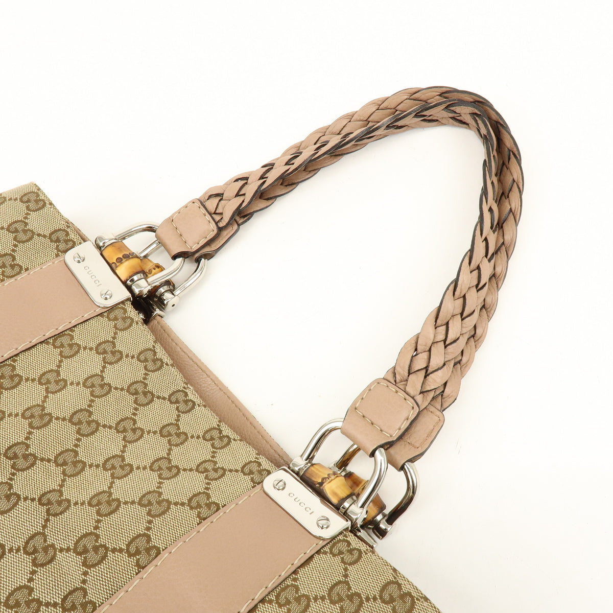 GUCCI Bamboo GG Canvas Leather Tote Bag Beige Brown Pink 232947