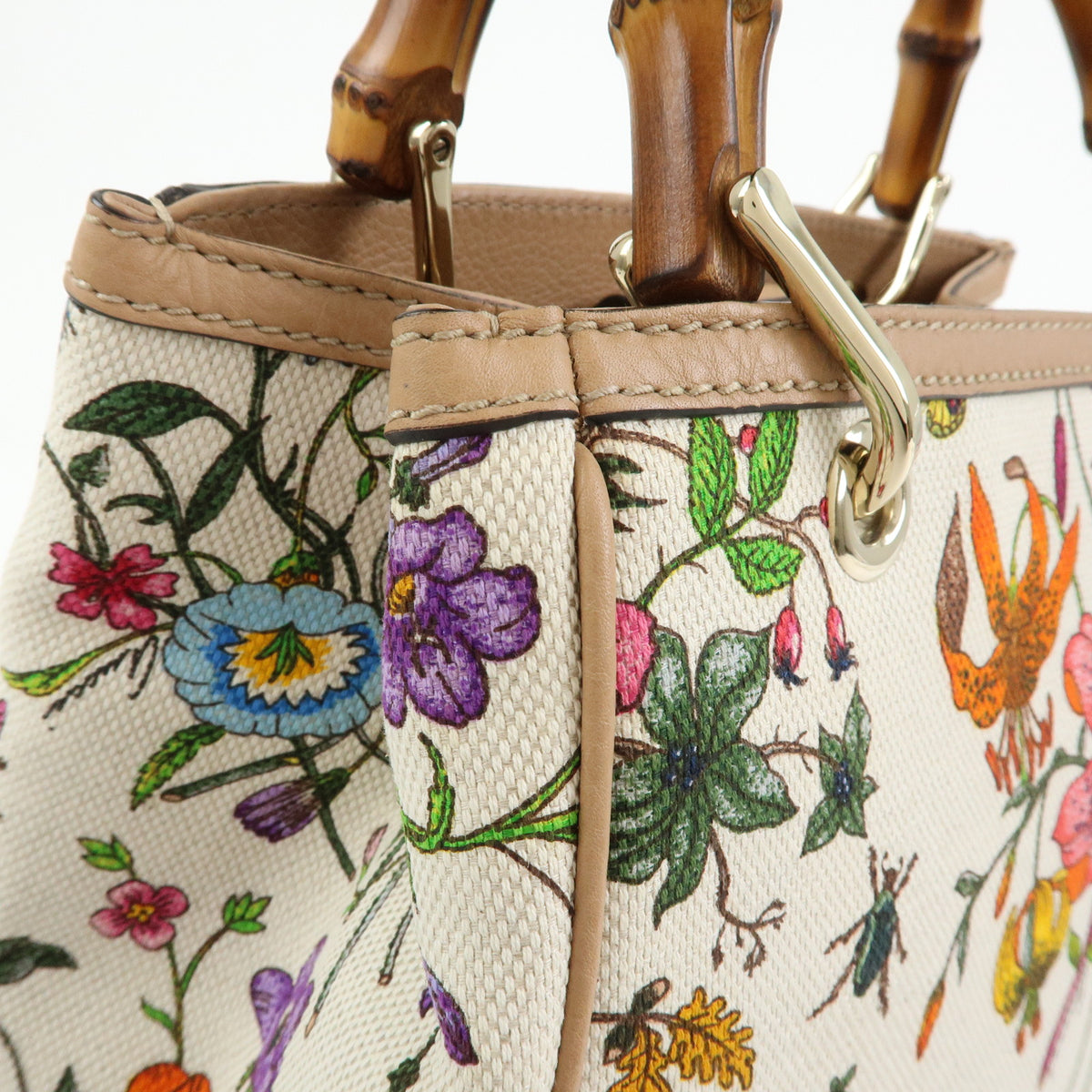 GUCCI Bamboo Flora Canvas Leather 2Way Bag Japan Limited Ivory 336032