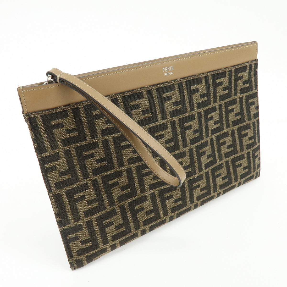 FENDI Zucca Flat Slim Canvas Leather Clutch Bag Pouch Brown 7N0134