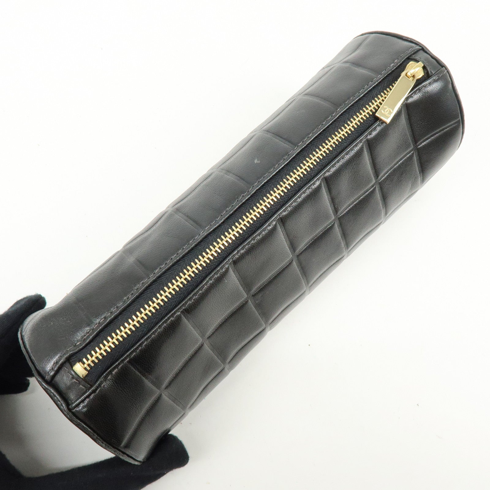 CHANEL COCO Mark Chocolate Bar Lamb Skin Cosmetic Pouch Black Gold