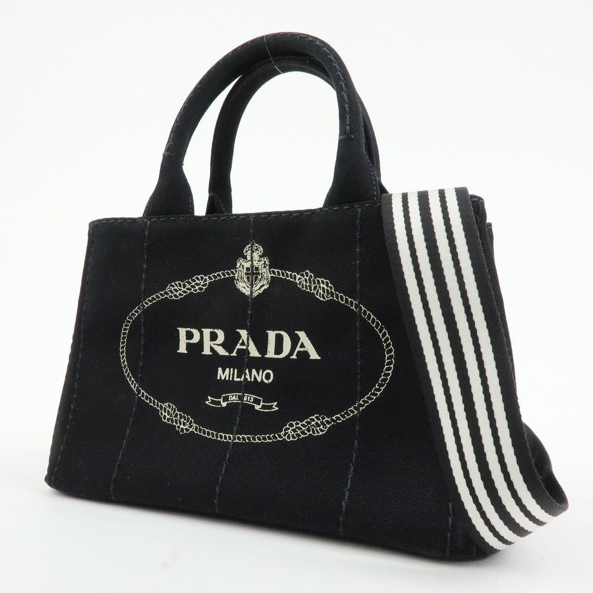 PRADA Triangle Logo Canapa Mini Canvas 2Way Hand Bag Black White 1BG439