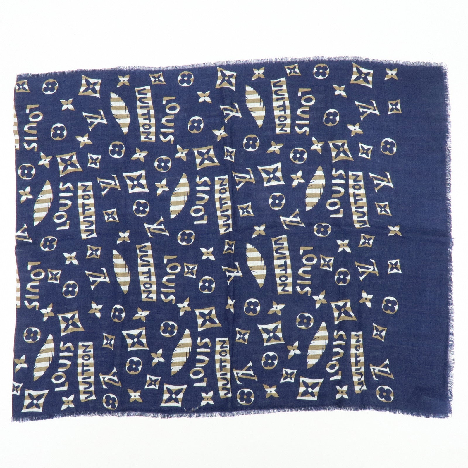 Louis Vuitton Monogram Linen Silk Scarf Shawl Navy Light Brown