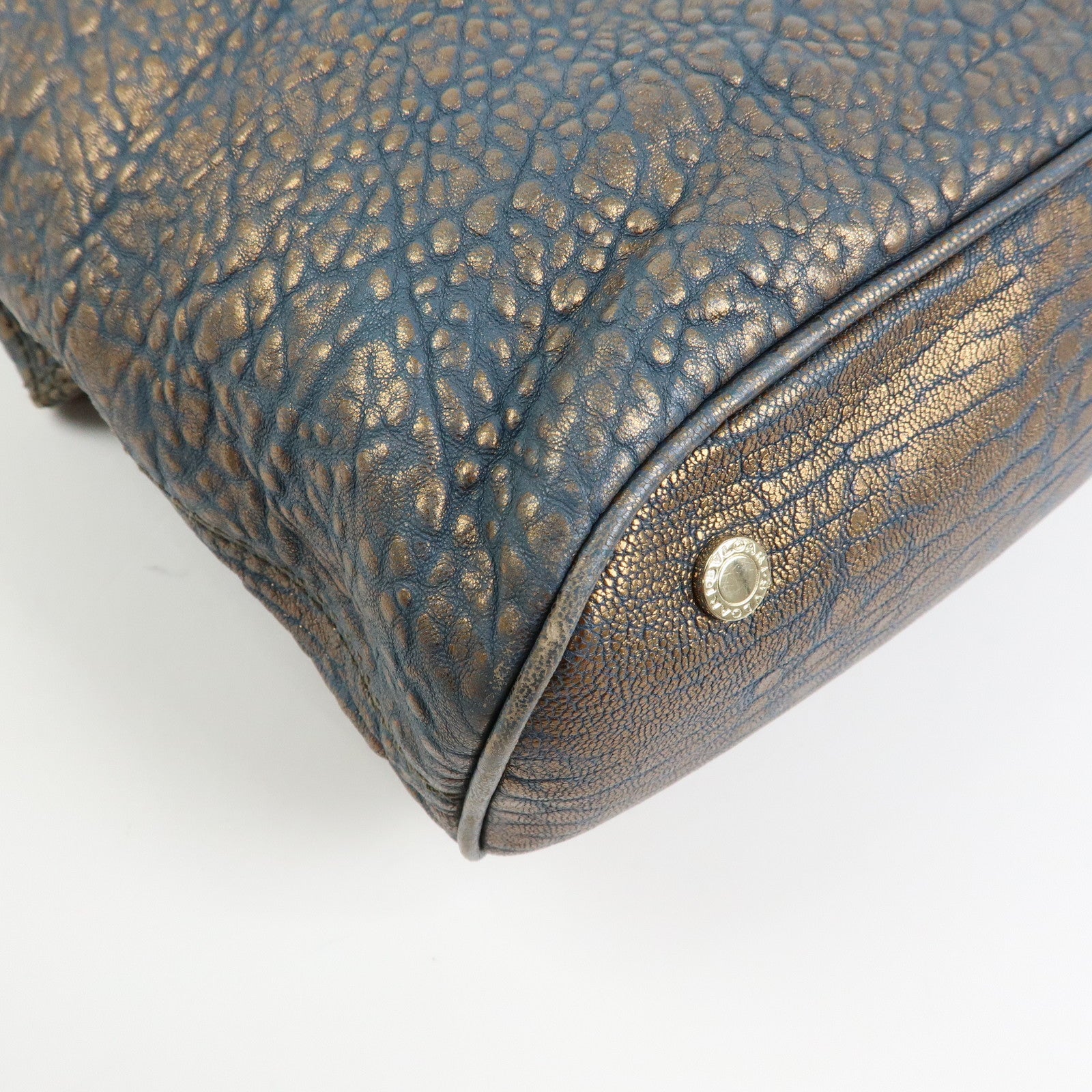 BVLGARI Leoni  Leather Top Handle 2Way Bag Shoulder Bag Blue Bronze