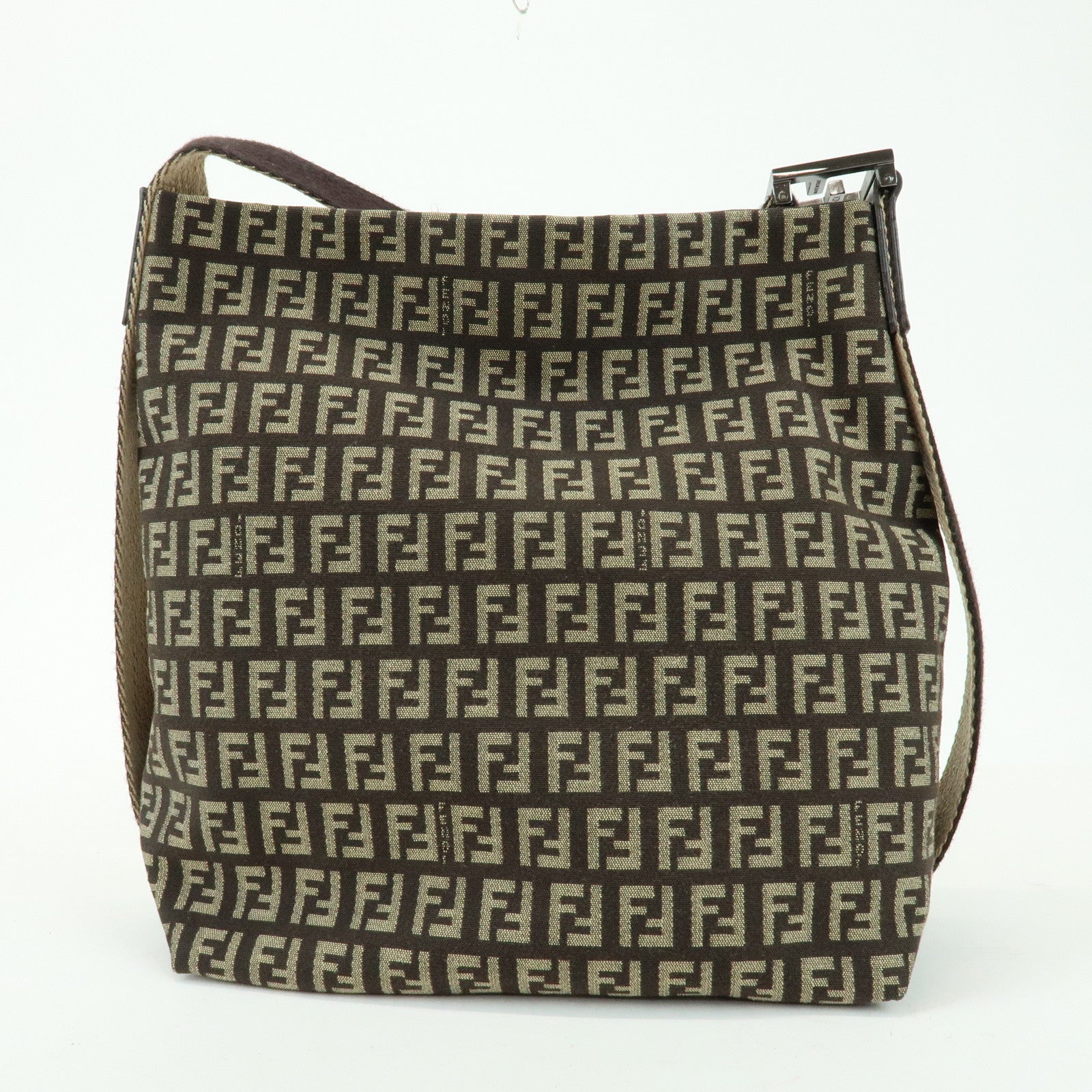 FENDI Zucchino Jacquard Canvas Leather Shoulder Bag Brown 8BR317
