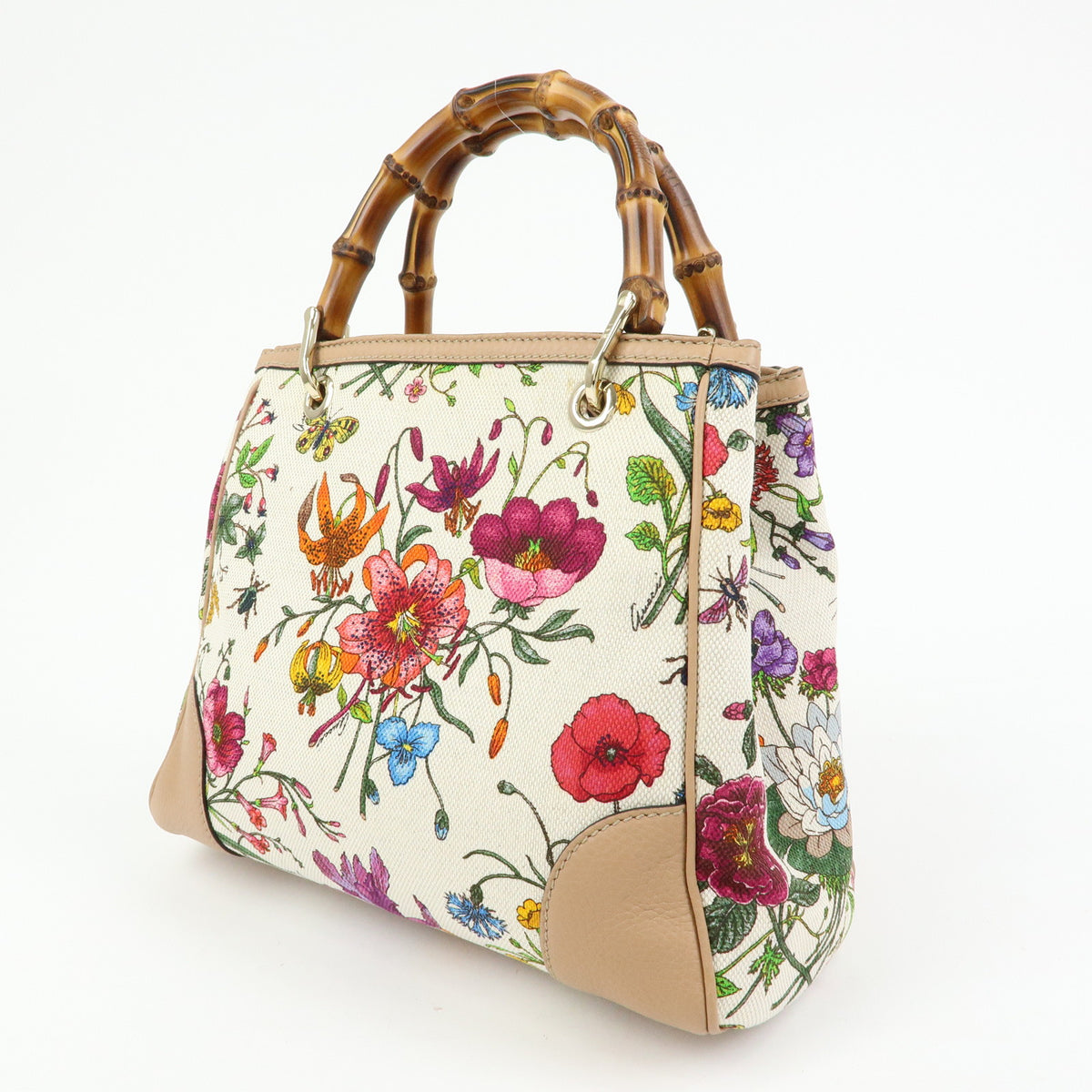 GUCCI Bamboo Flora Canvas Leather 2Way Bag Japan Limited Ivory 336032