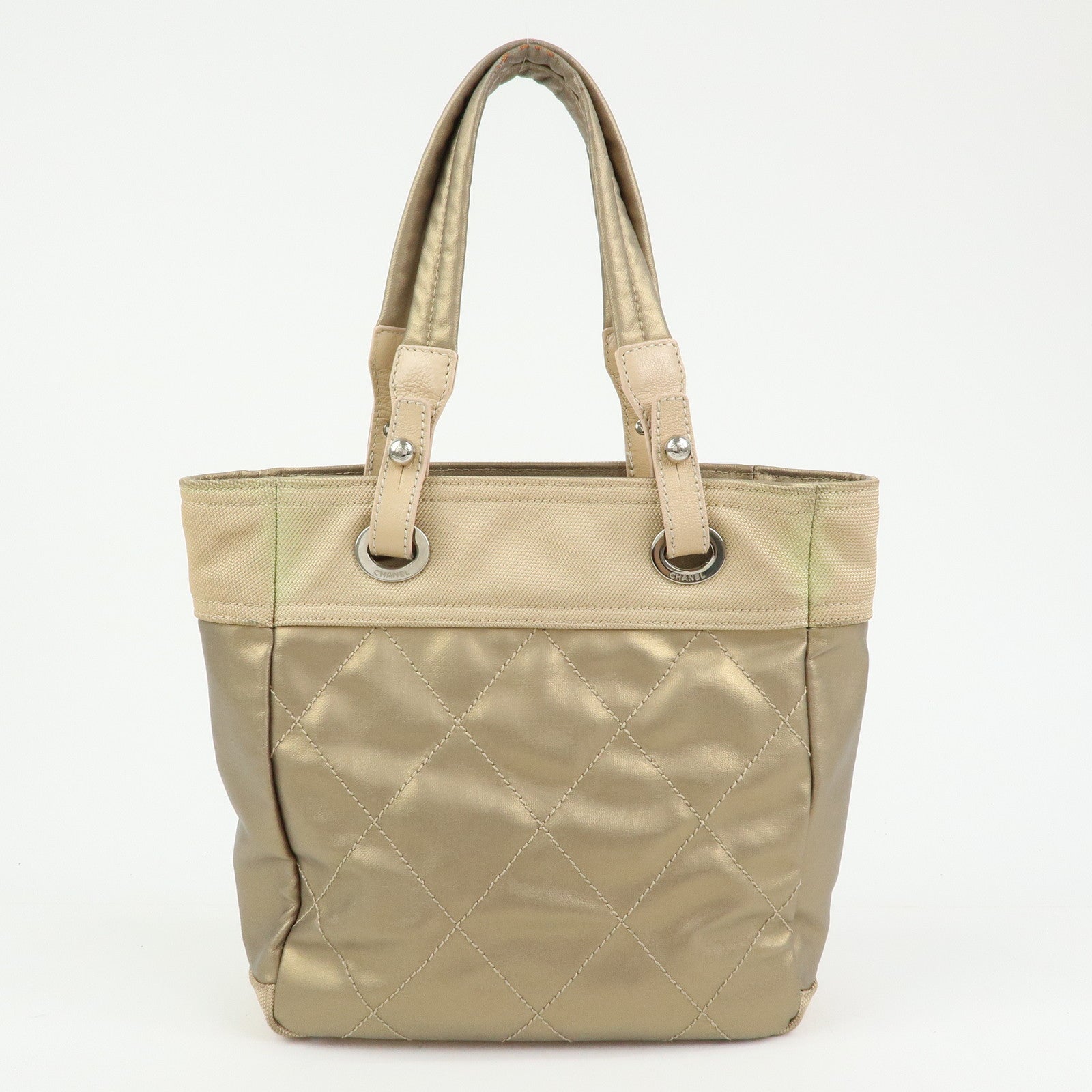 CHANEL Paris Biarritz PM Coated Canvas Leather Tote Bag Gold A34208