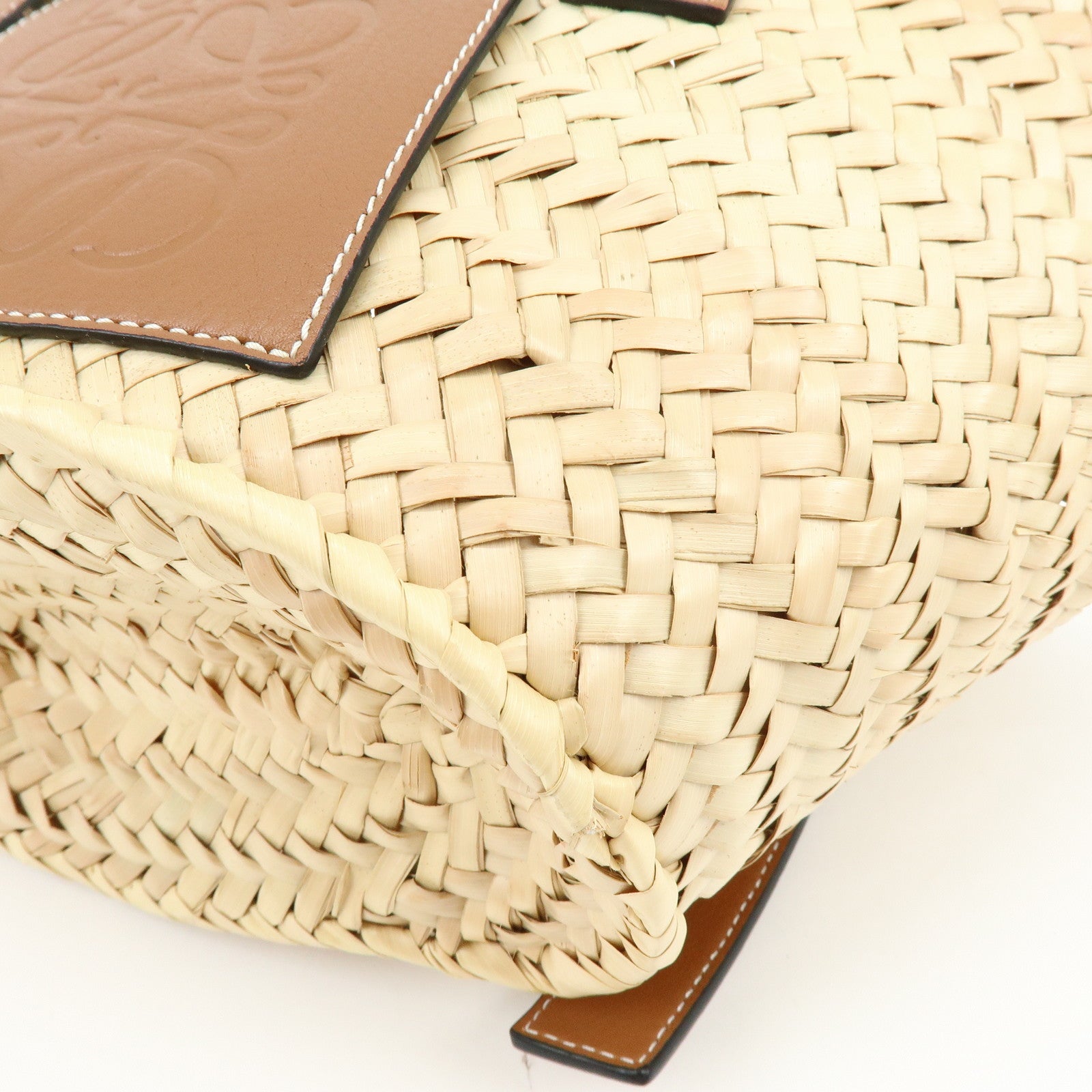 LOEWE  Raffia Leather Basket Bag Hand Bag Natural Tan