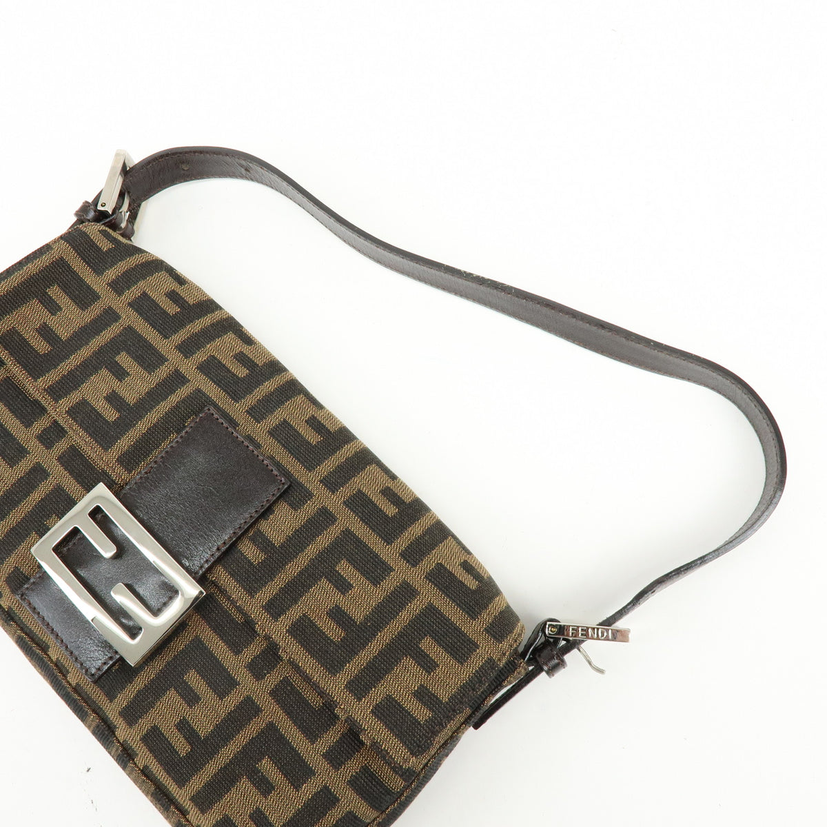 FENDI Mamma Baguette Jacquard Canvas Leather Shoulder Bag Brown 26424