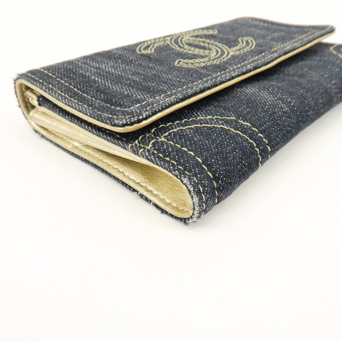 CHANEL COCO Mark Denim Long Wallet Indigo Blue Gold A31991