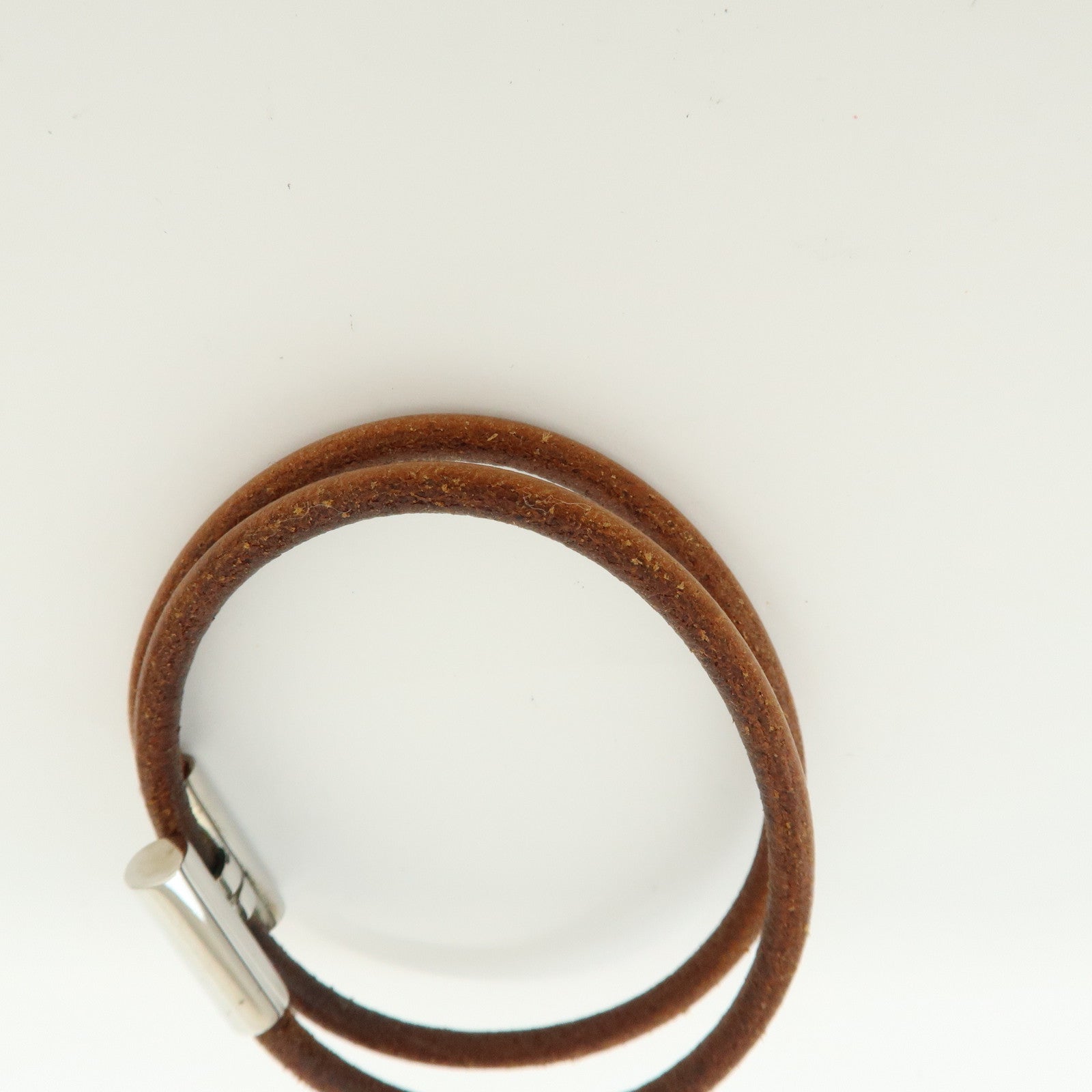 HERMES Leather Metal Tournis Tresse Bracelet Brown Silver