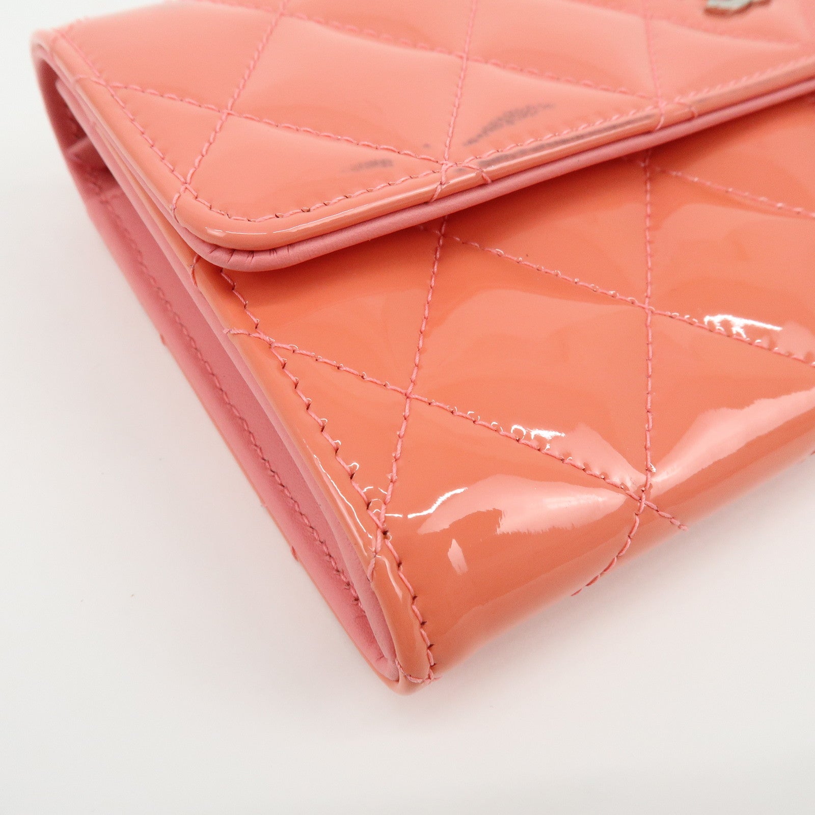 CHANEL COCO Mark Matelasse Patent Leather Long Wallet Salmon Pink