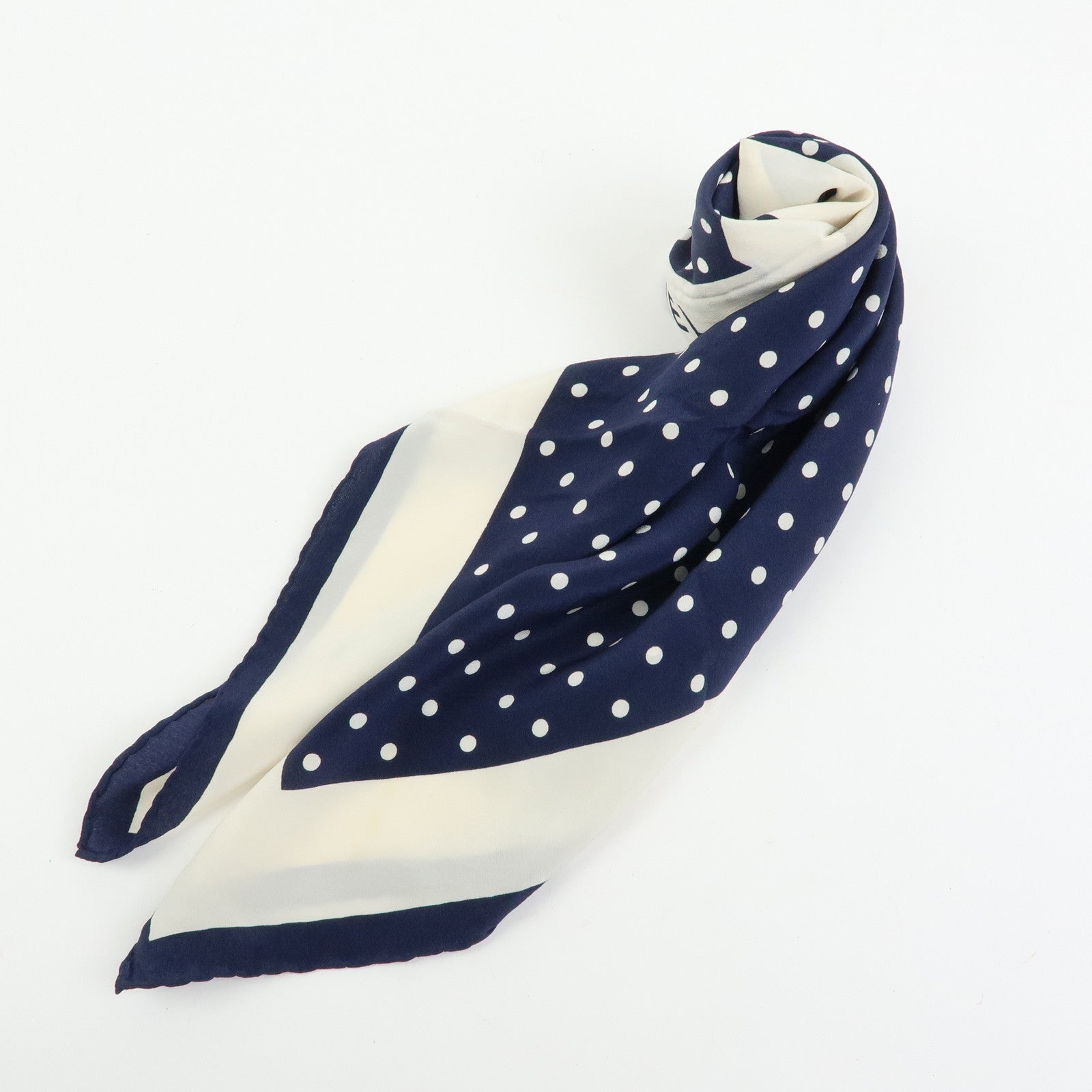 CHANEL Silk 100% Scarf Poka Dots Ribbon Design White Navy