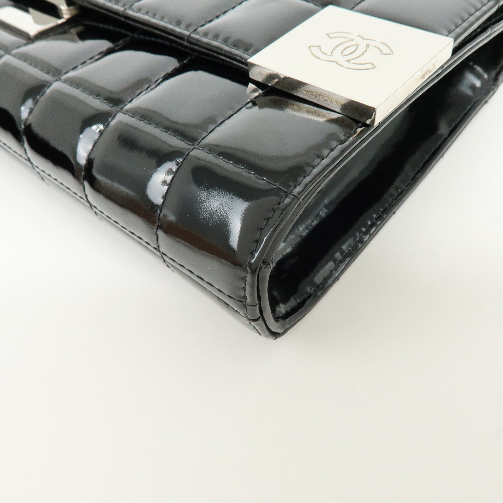 CHANEL Chocolate Bar COCO Mark Patent Leather Shoulder Bag Black Silver