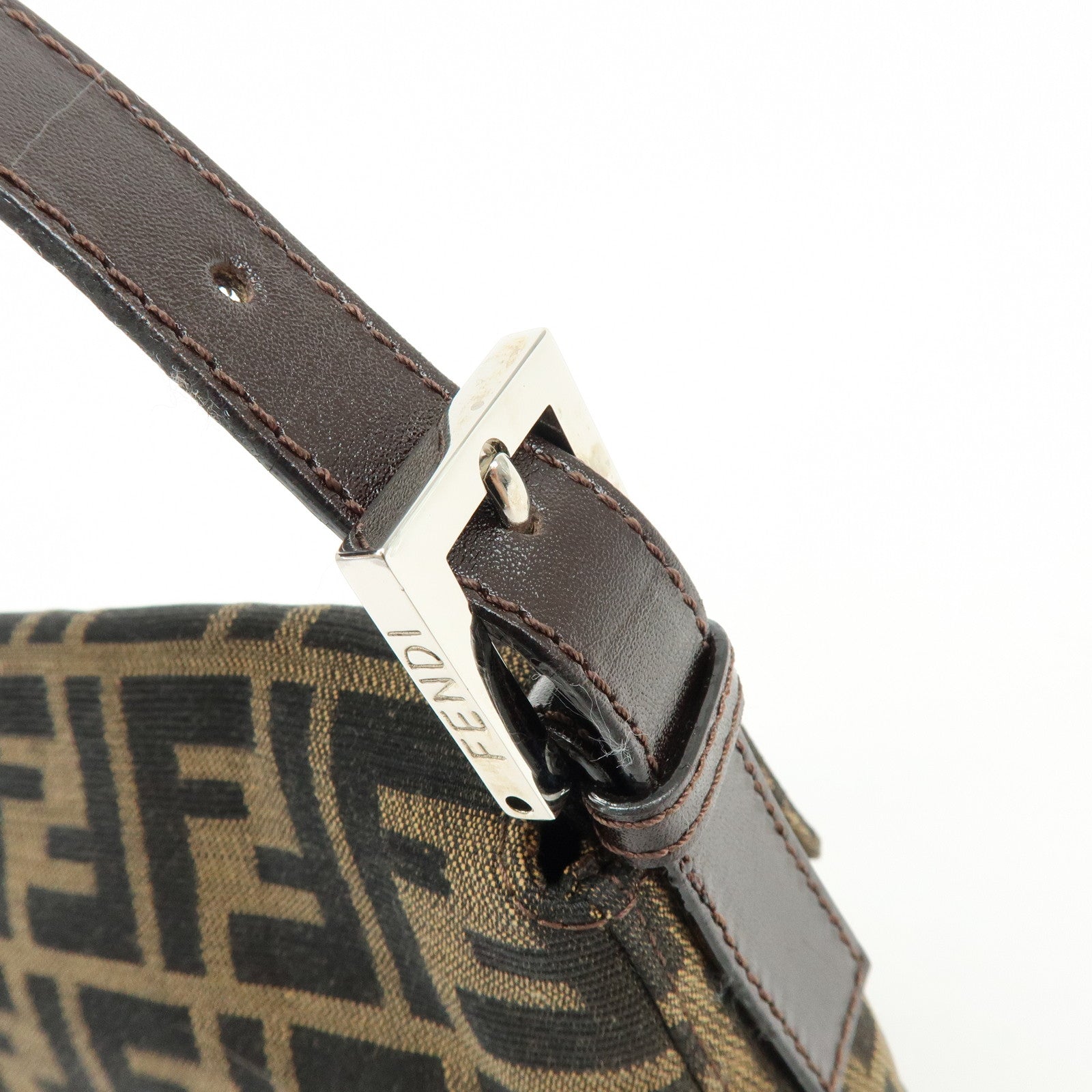 FENDI Mamma Baguette Zucca Canvas Leather Shoulder Bag Brown 26424