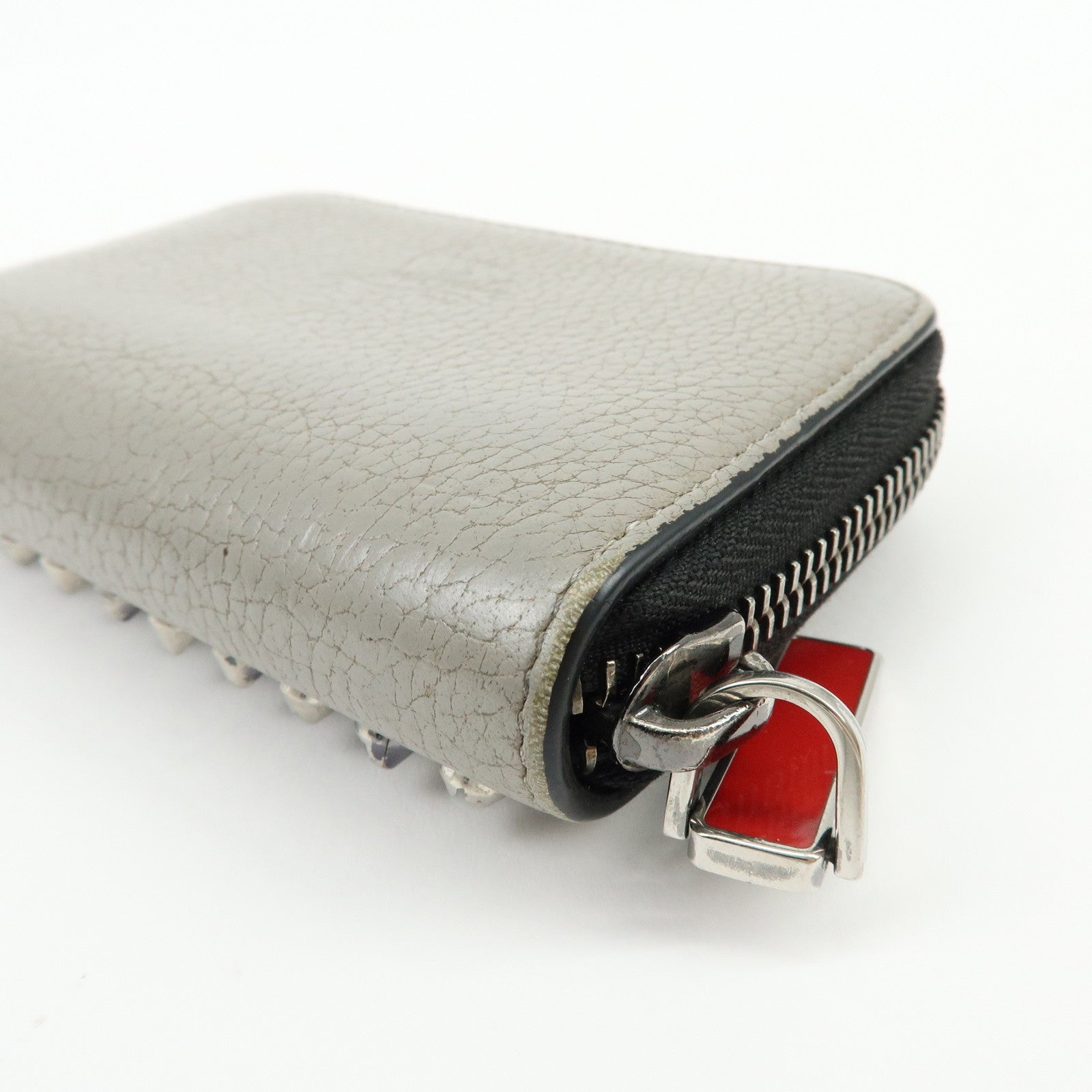 Christian Louboutin Leather Coin Case Coin Purse Studs Beige Black