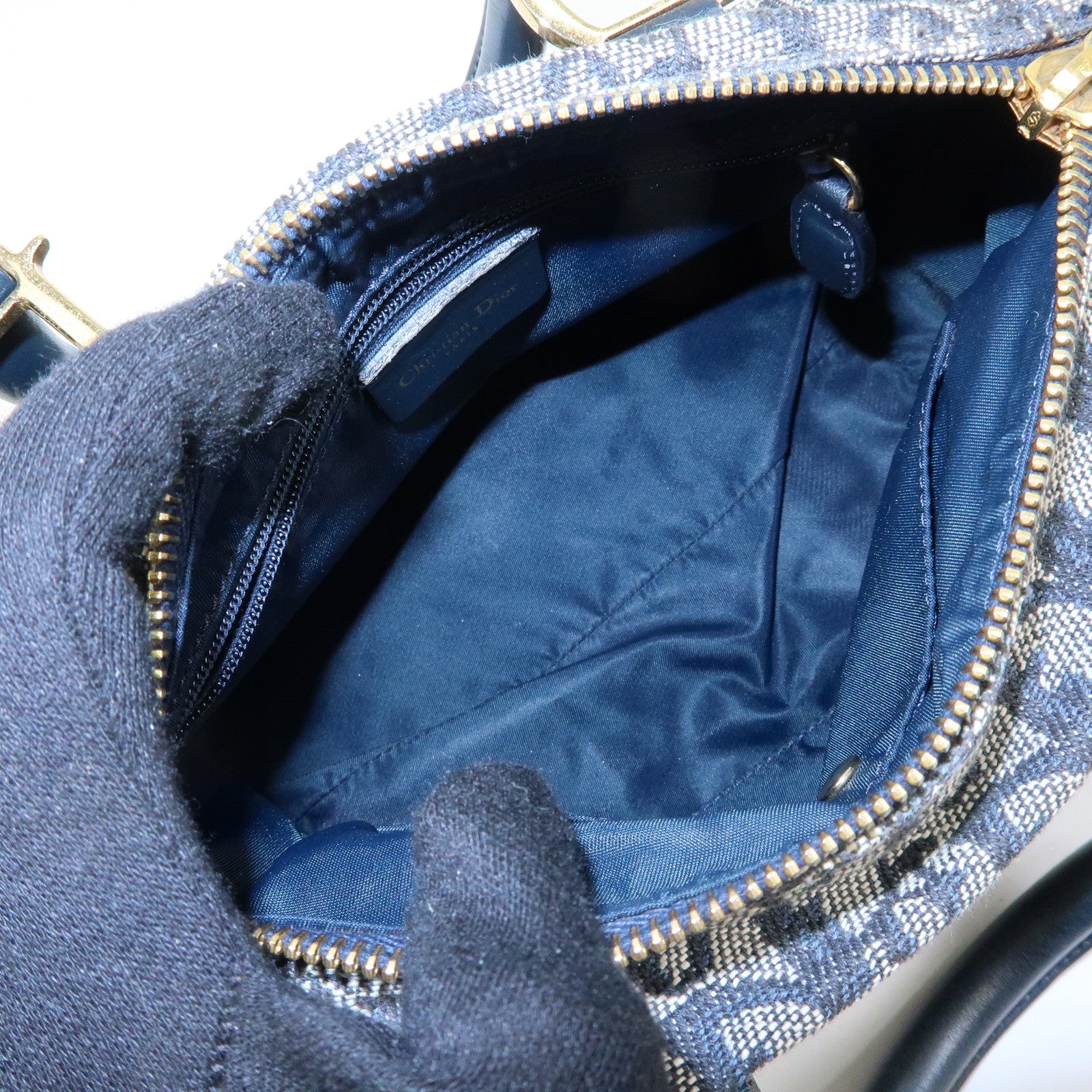 Christian Dior Trottern Jacquard Leather Mini Boston Bag Hand Bag Navy