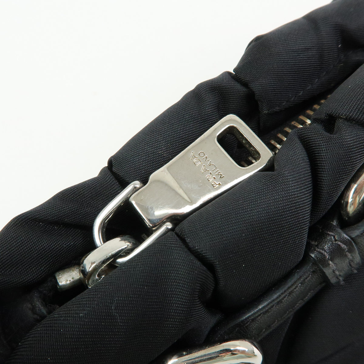 PRADA Tessuto Gathered Nylon Leather Shoulder Bag Hand Bag Black BN1704
