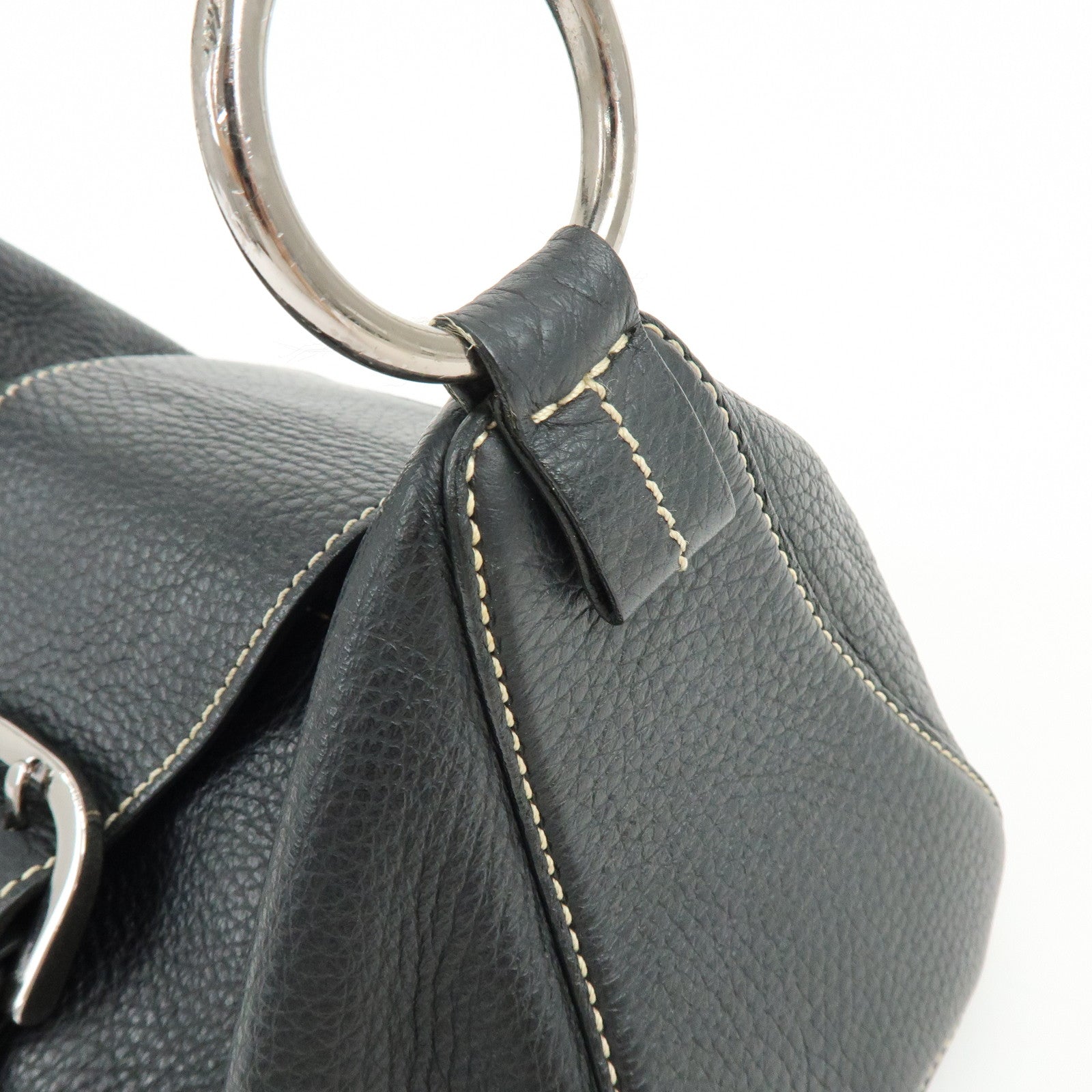 TOD'S Leather Stitched Buckle Hand Bag Shoulder Bag Black