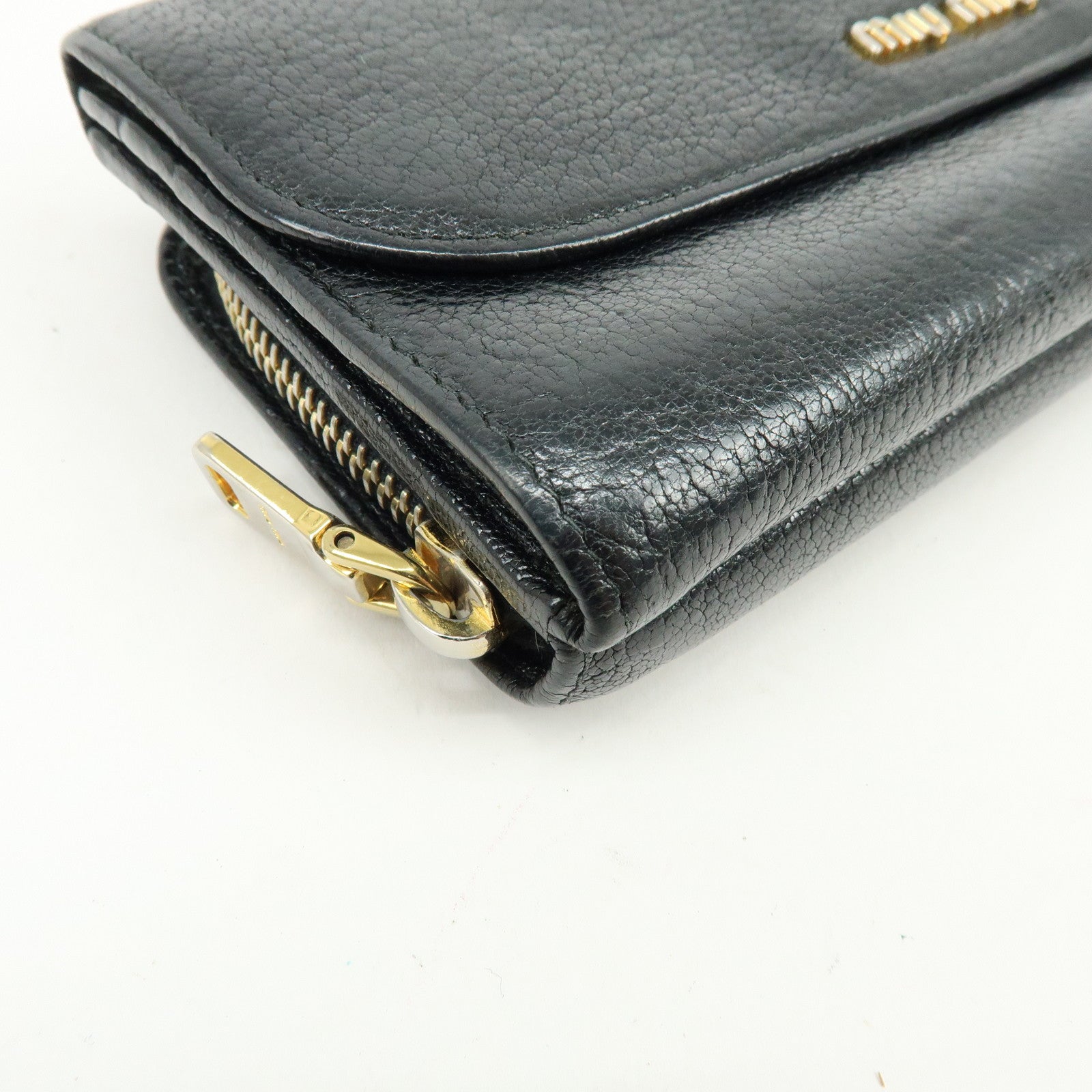 MIU MIU Leather Long Flap Round Zip Wallet Black 5M1344