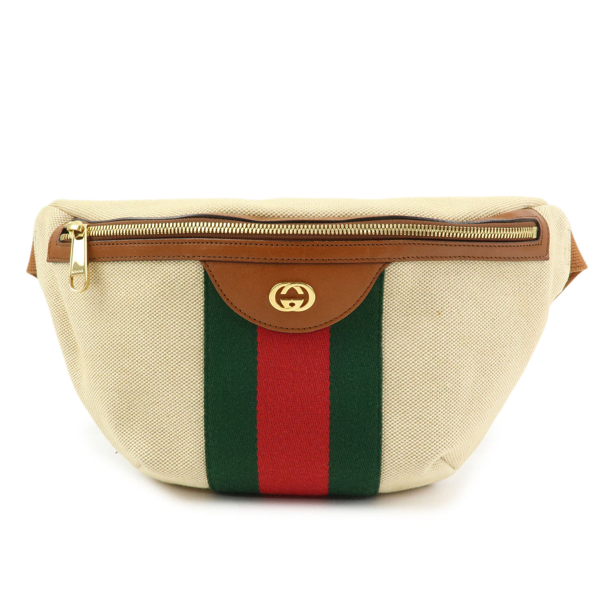 GUCCI Sherry Interlocking G Canvas Leather Waist Body Bag Beige 575082