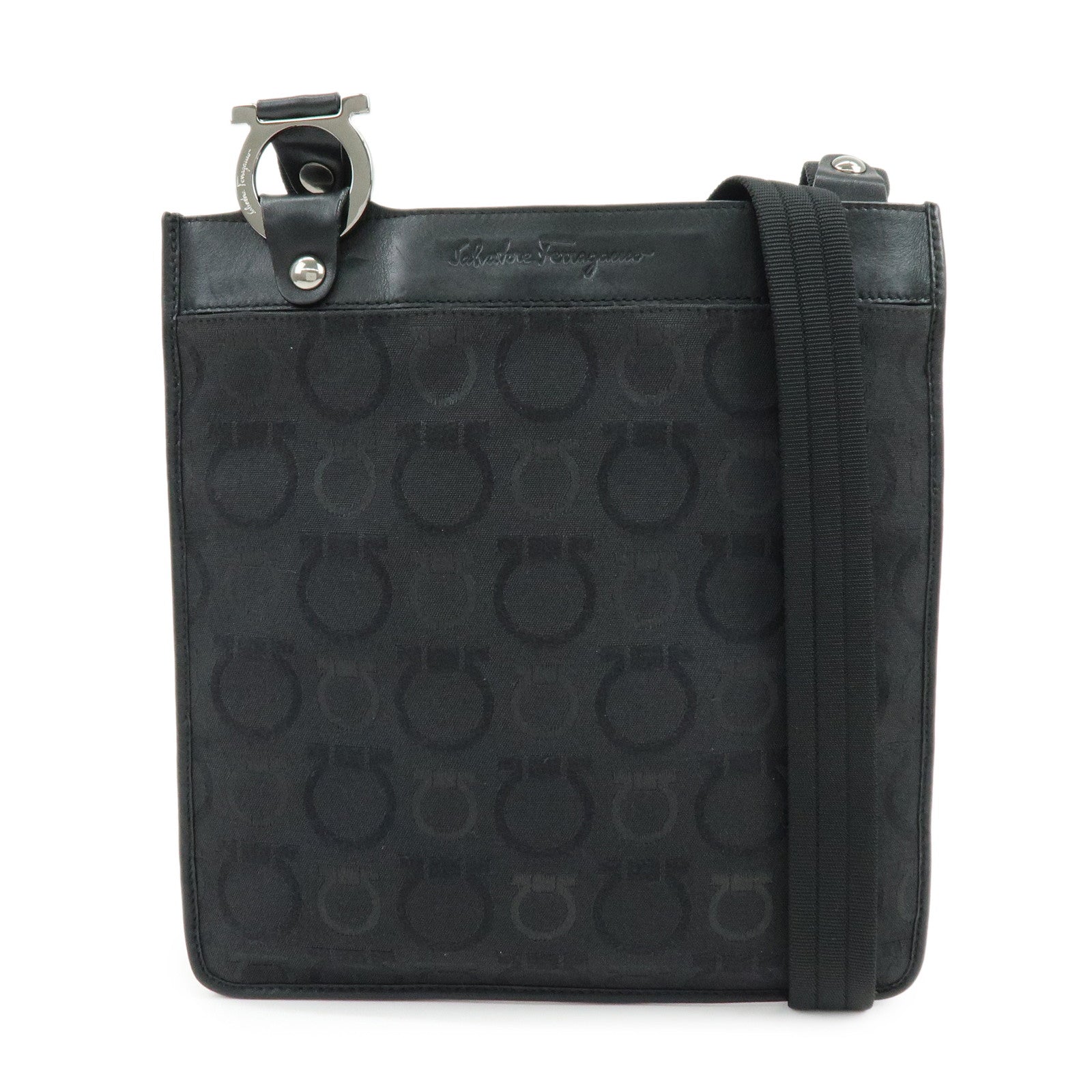 Ferragamo Gancini Canvas Leather Shoulder Bag Crossbody Bag Black