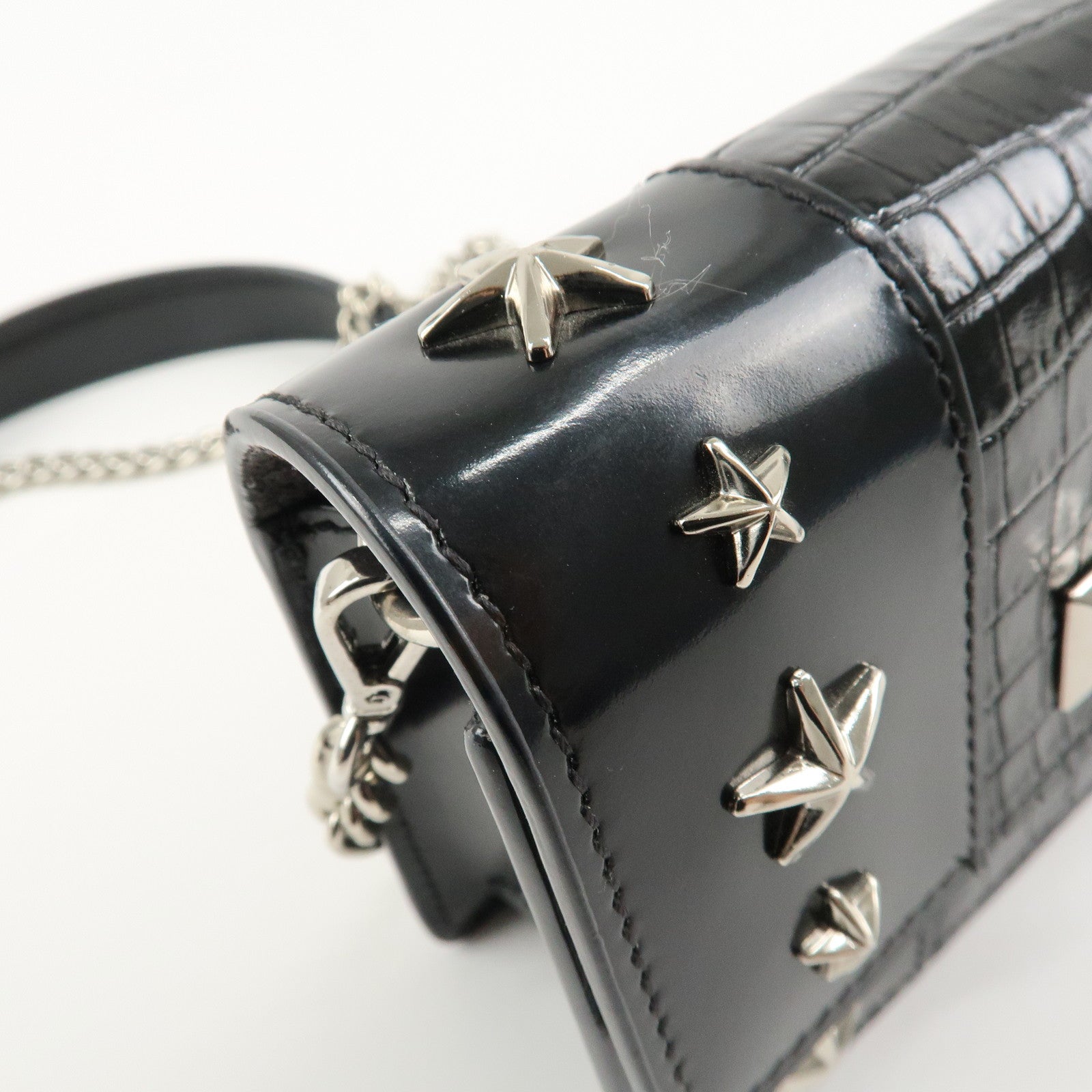 JIMMY CHOO Leather Star Studs Chain Shoulder Bag Crossbody Bag Black Used