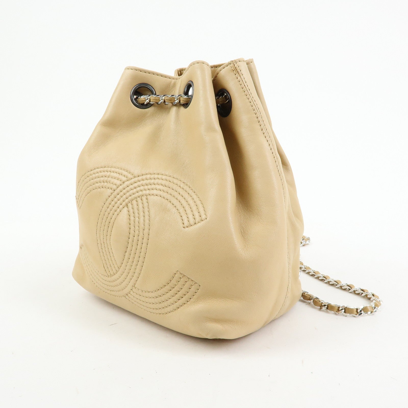 CHANEL COCO Mark Lamb Skin Backpack Shoulder Bag Beige