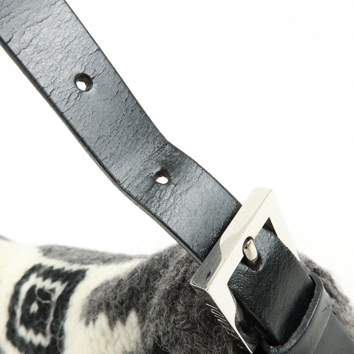 FENDI Mamma Baquette Wool Leather Shoulder Bag Black Grey White 16059