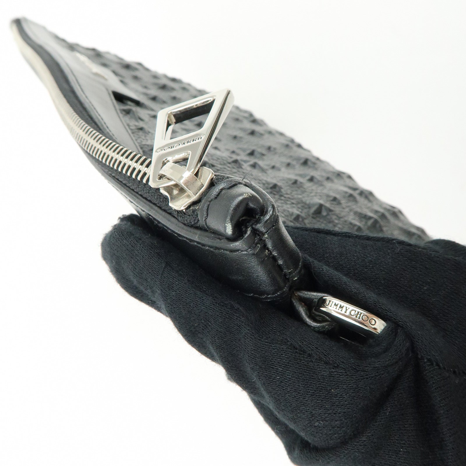 JIMMY CHOO Leather Clutch Bag Pouch Star Embossed Studs Black
