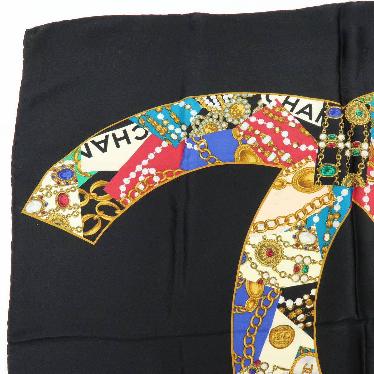 CHANEL Lot of 2 Silk 100% Scarf Flower Jewelry Motif Black Gold