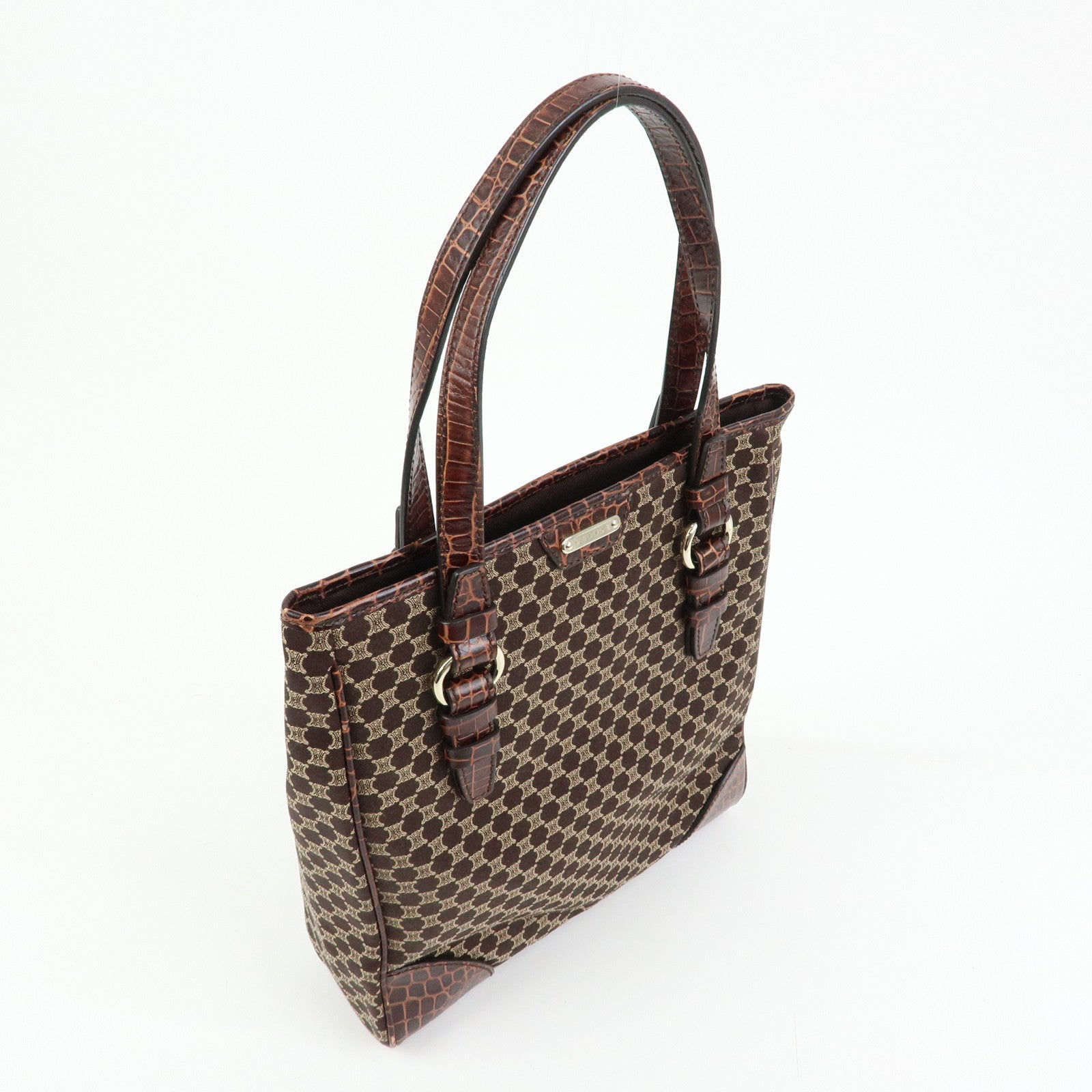 CELINE Macadam Embossed Leather Canvas Tote Bag Hand Bag Brown