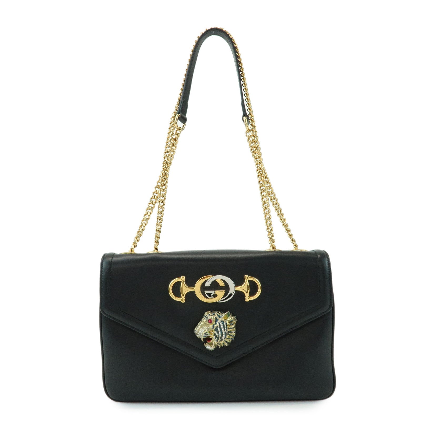 GUCCI Raja Calf Leather Rhinestone Chain Shoulder Bag Black 537241