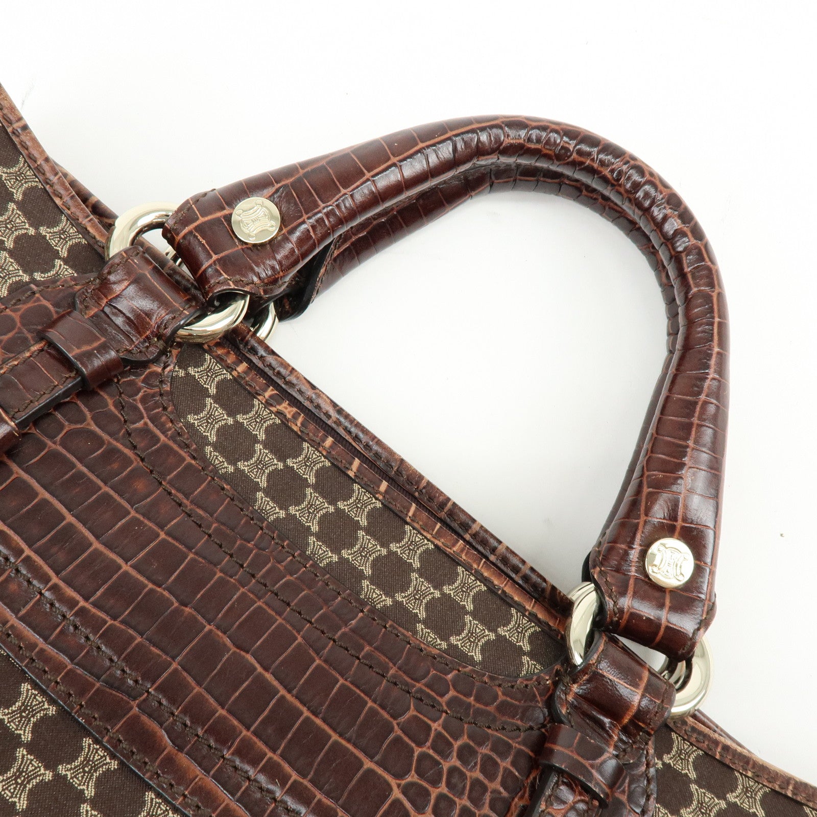 CELINE Macadam Boogie Bag Embossed Leather Canvas Hand Bag Brown