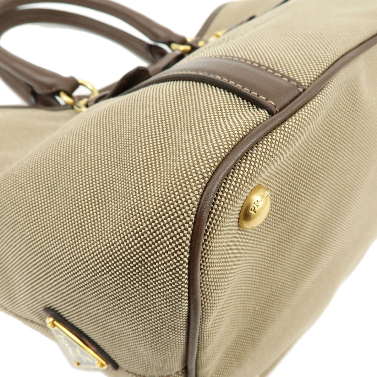 PRADA Triangle Logo Jaquard Canvas Leather 2Way Tote Bag Brown BN1841