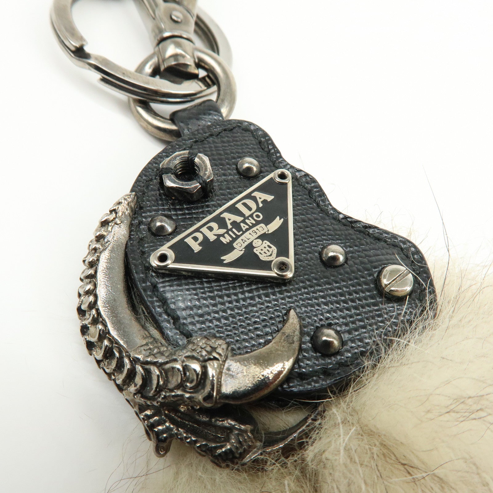 PRADA Triangle Log Saffiano Leather Fur Bag Charm Key Charm Beige