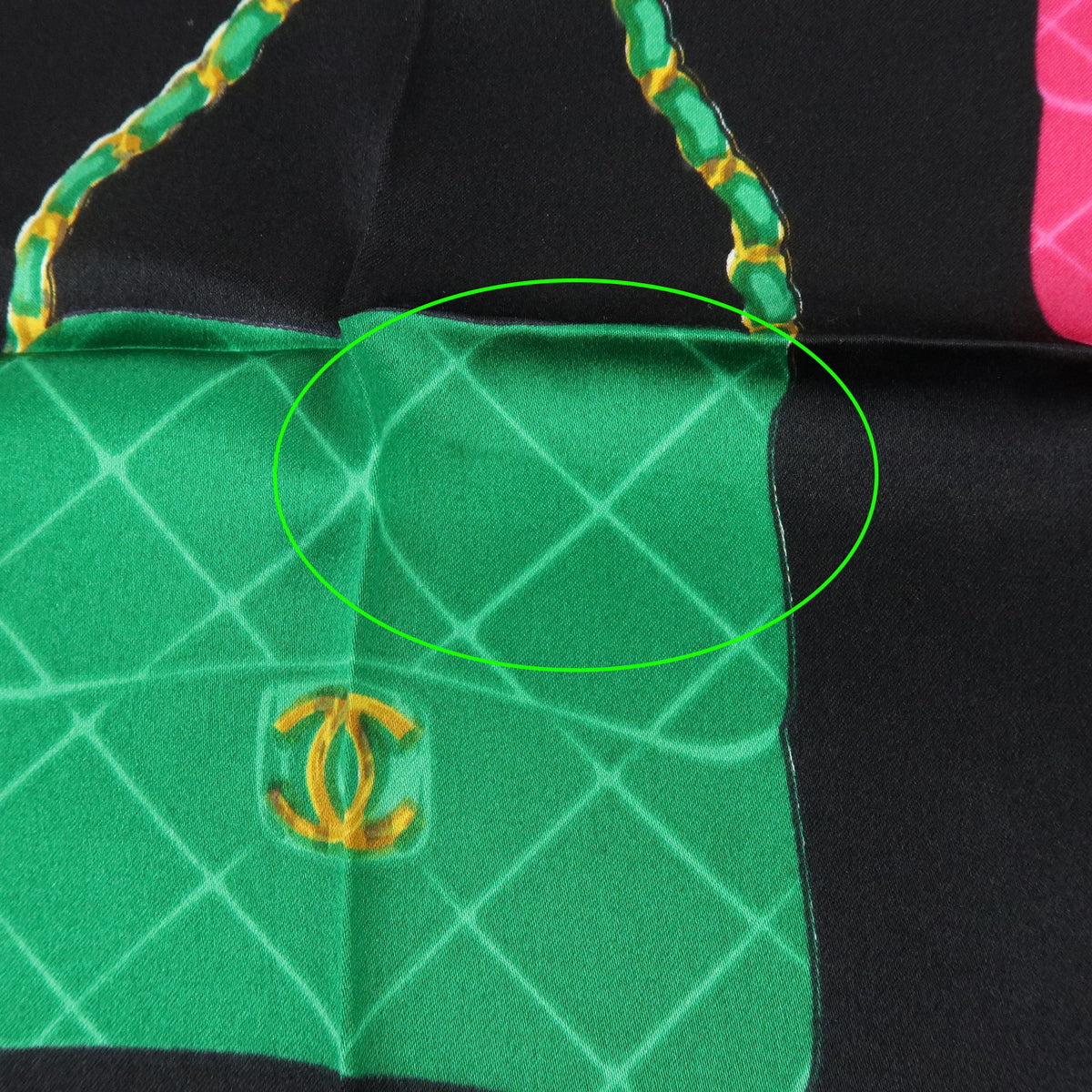CHANEL Silk 100% Scarf Matelasse Bag Print Black Pink Green Blue