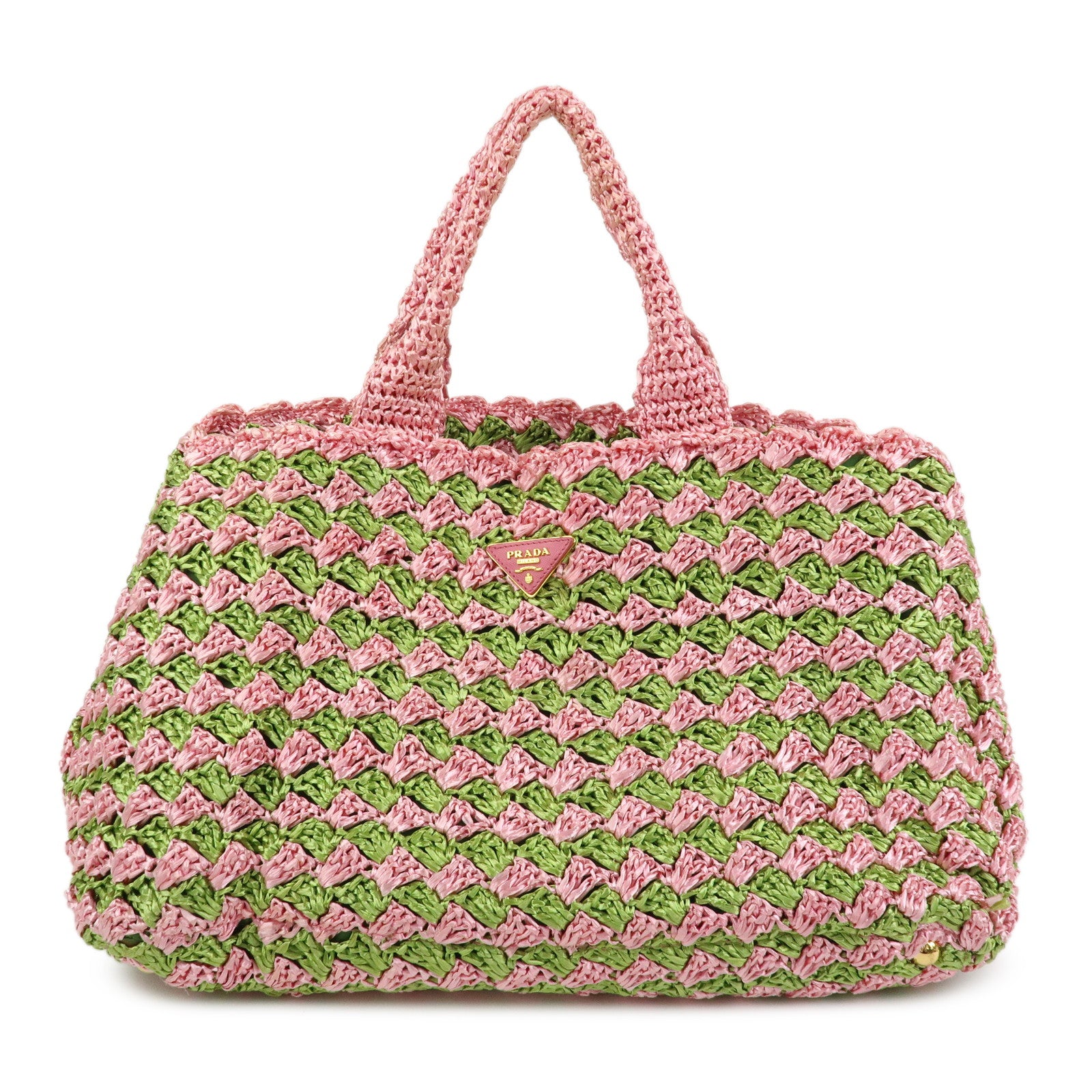 PRADA Triangle Logo Canapa Raffia Tote Bag Hand Bag Pink Green