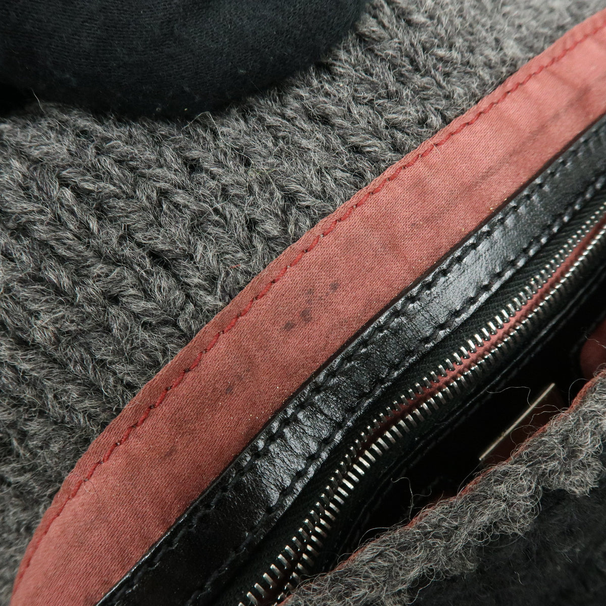 FENDI Mamma Baquette Wool Leather Shoulder Bag Black Grey White 16059