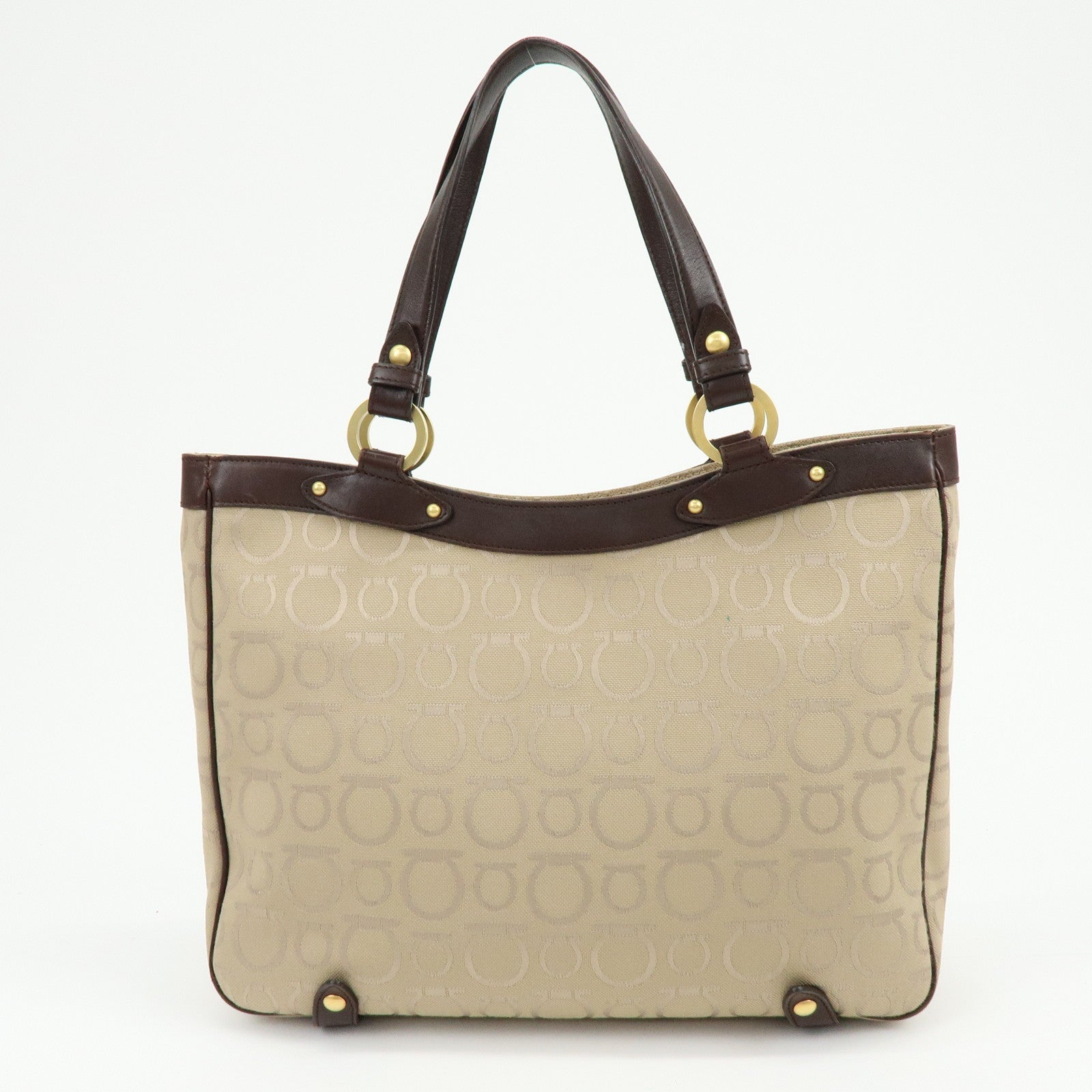 Ferragamo Gancini Canvas Leather Tote Bag Hand Bag Beige Brown